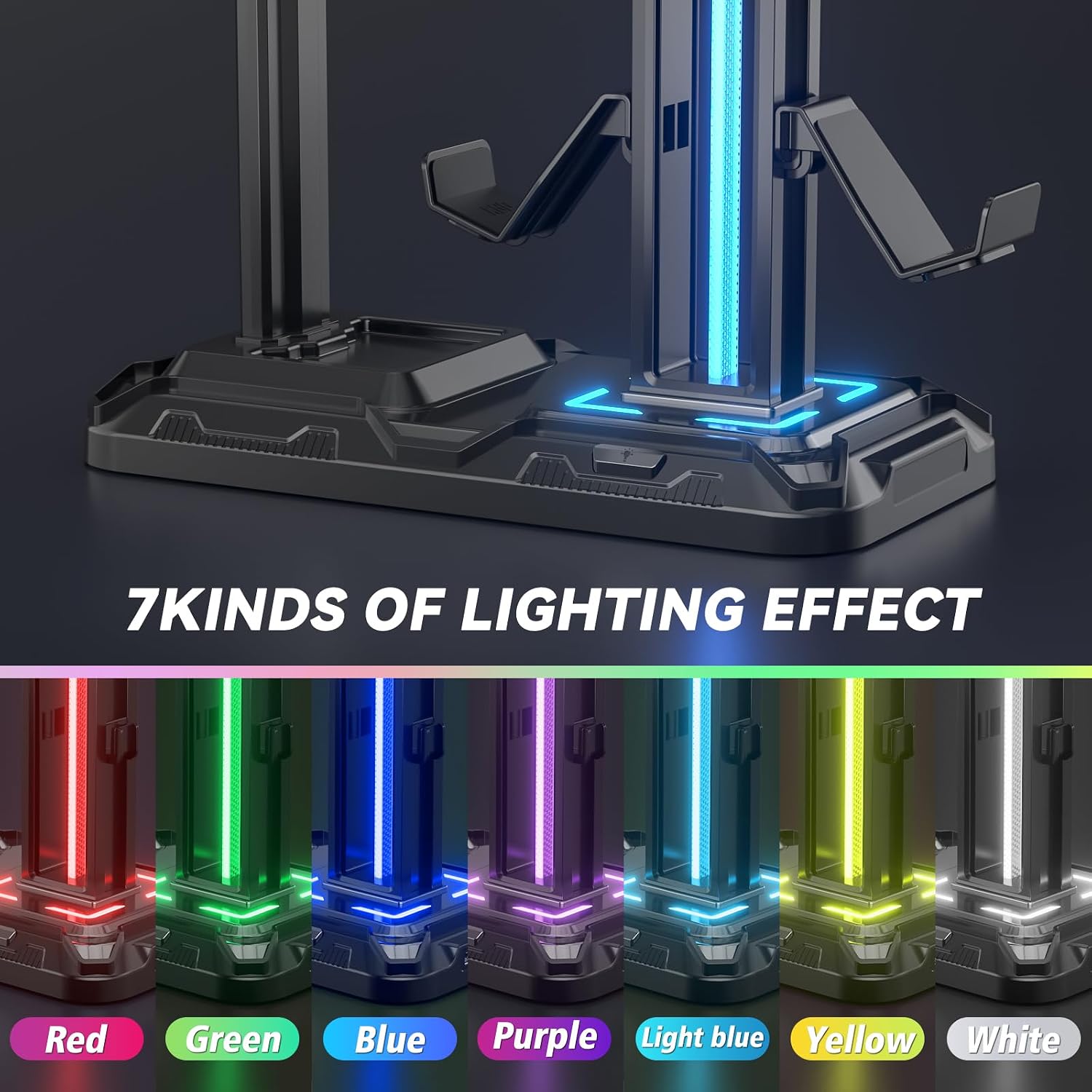 Detalle de KDD Multi Gaming Headset Halterung mit 9 Lichtmodi – Drehbarer Kopfhörer- und Controller-Ständer für Schreibtisch