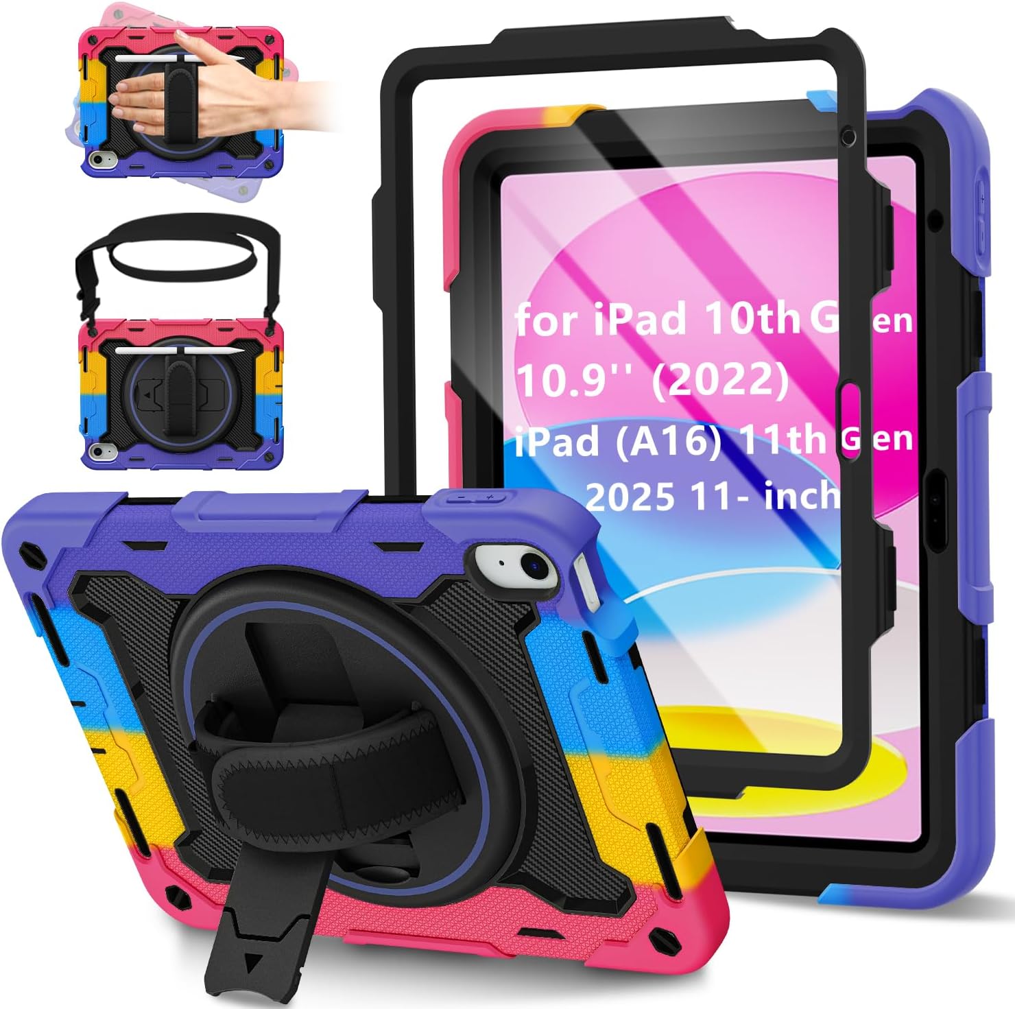 Detalle de ROSROME Case for iPad (A16) 11th/10th Gen with HD Screen Protector – Rainbow, Heavy Duty Shield