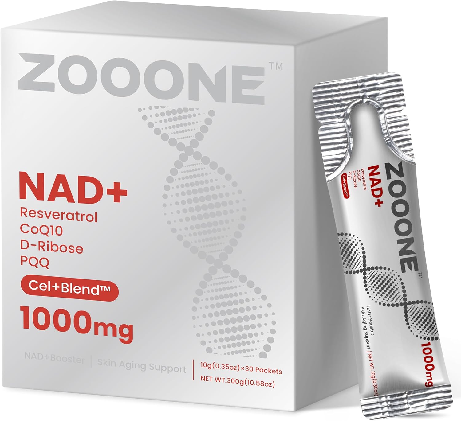 Detalle de zooone NAD+ Liquid Packets 1000mg with Resveratrol, CoQ10 & PQQ