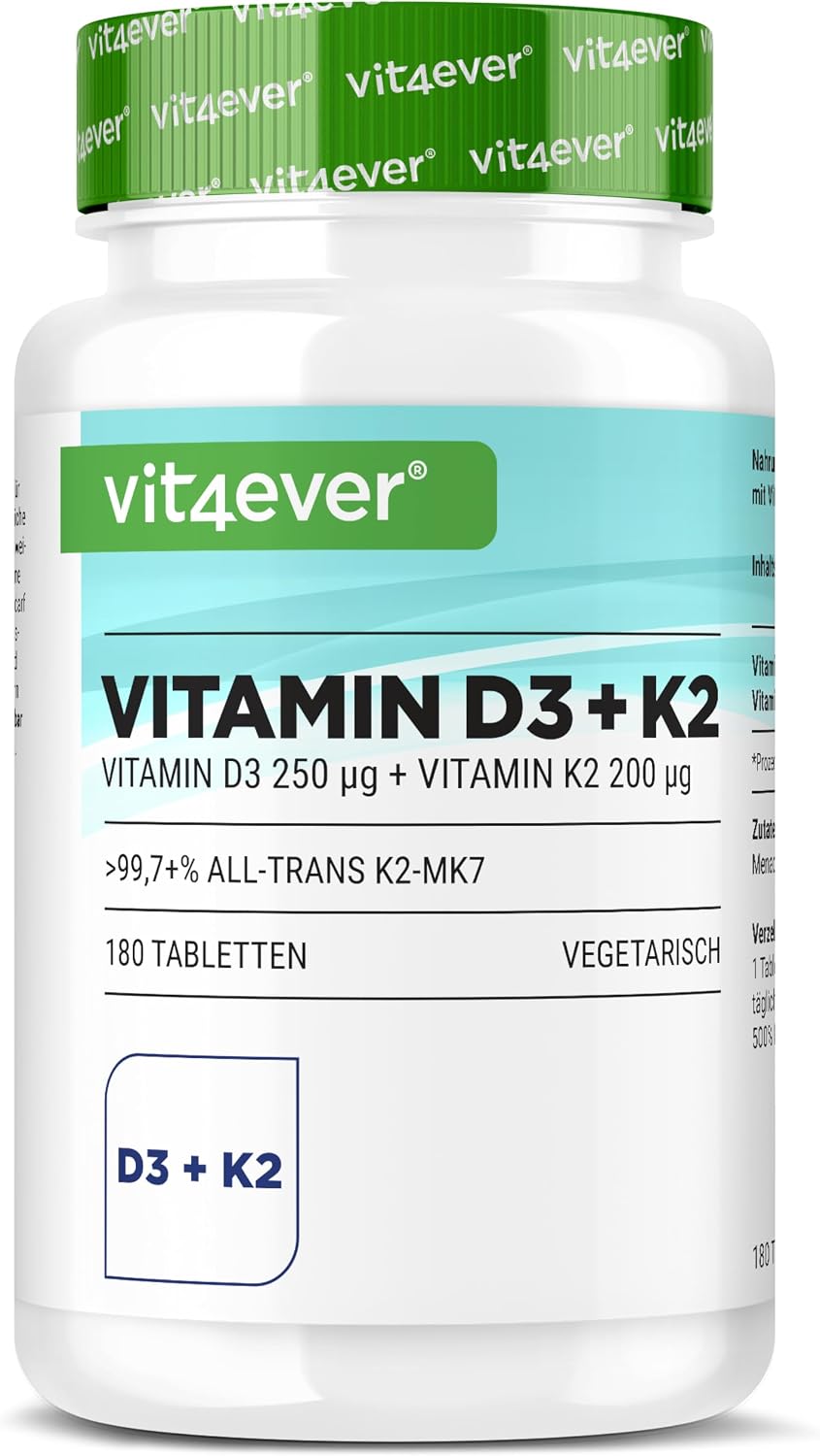 Detalle de Vit4ever Vitamine D3 + K2 MK-7-180, comprimés forte dose (10.000 UI D3 + 200 µg K2 par comprimé)