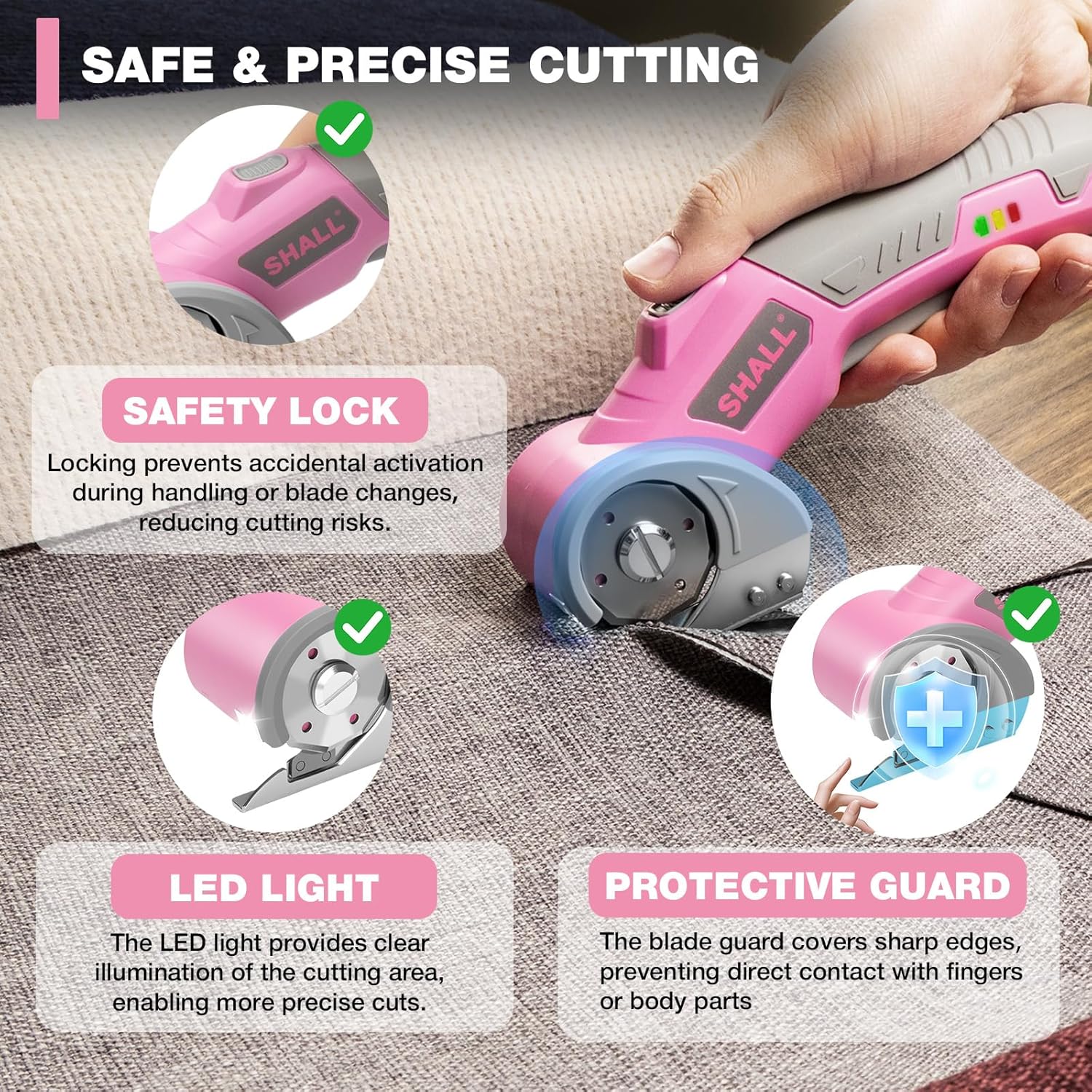 Thumbnail 2 de SHALL 4V Cordless Electric Scissors (Rotary Cutter) with Safety Lock, LED & Replacement Blade – Pink & Grey