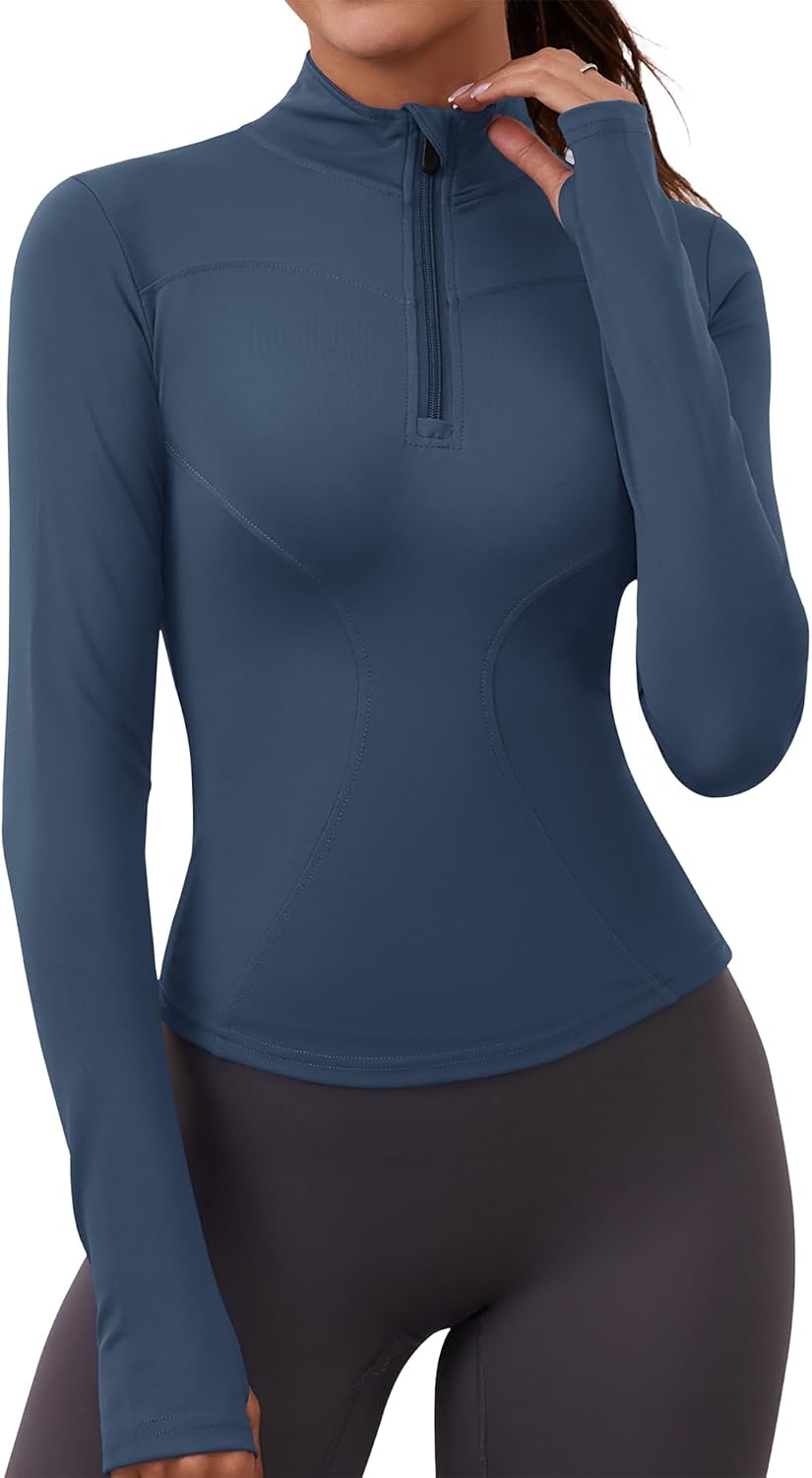 Detalle de Rapbin Women’s Long Sleeve Gym Tops 1/4 Zip with Thumb Holes (Quick Dry Slim Fit)