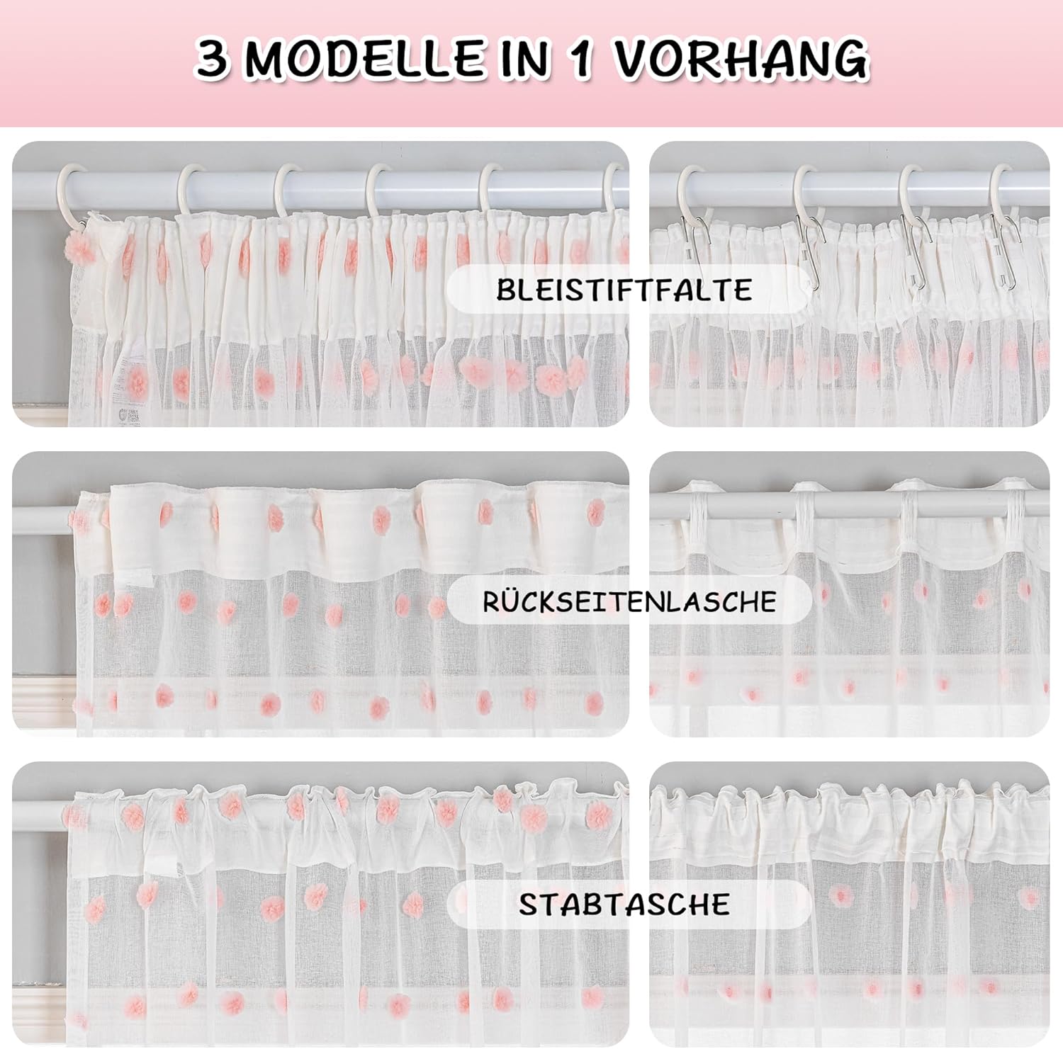 Thumbnail 2 de MYSKY HOME Gardine 2er-Set mit Kräuselband und Pompon-Stickerei, sheer Voile, Rosa (H 215 x B 140 cm)