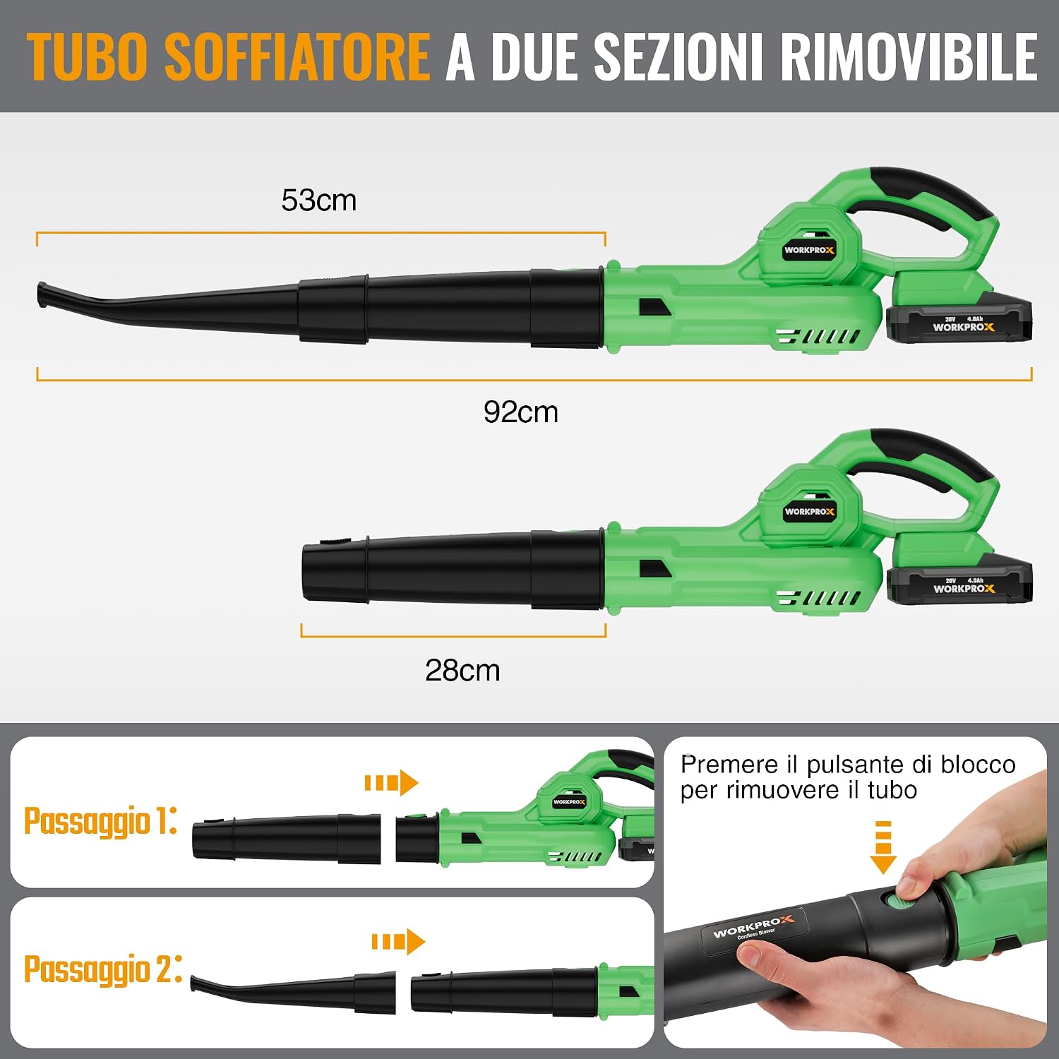 Detalle de WORKPROX Soffiatore per Foglie 20V con Batteria 4000mAh – Flusso d'Aria 222 km/h, 290 m³/h