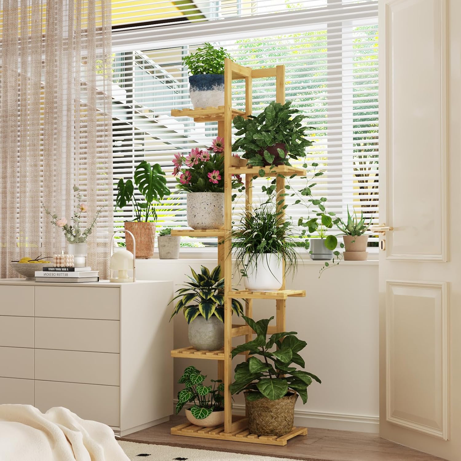 Detalle de Bamworld Porta Piante da Interno in Bambù Naturale – Scaffale a 6 Livelli per Vasi