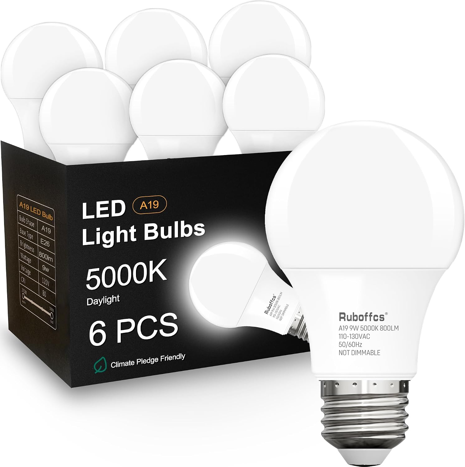 Detalle de Ruboffcs R-A19-9W A19 LED Bulbs, 5000K Daylight, 800 Lumens, 6-Pack