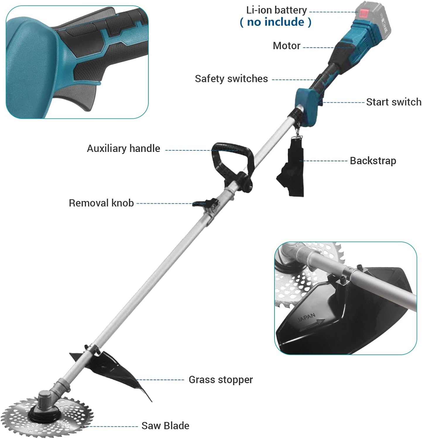 Detalle de Decespugliatore a Batteria con 2 Batterie 4,0Ah e 4 Tipi di Lame – Tagliaerba e Tagliabordi 3 in 1