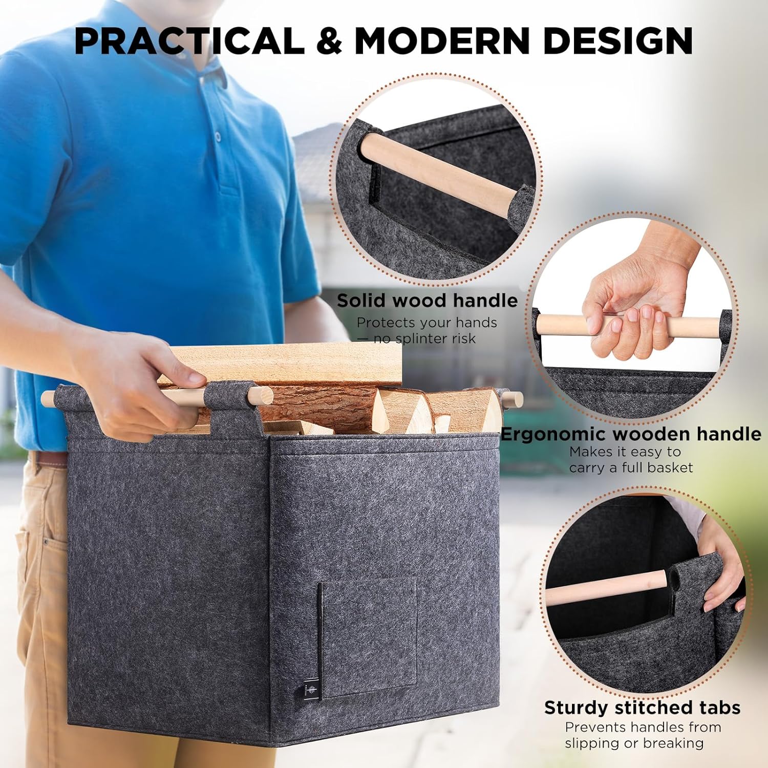 Thumbnail 2 de BONTHEE Log Carrier Felt Bag with Wooden Handles (Grey) – Fireplace Wood Tote for Indoor Storage