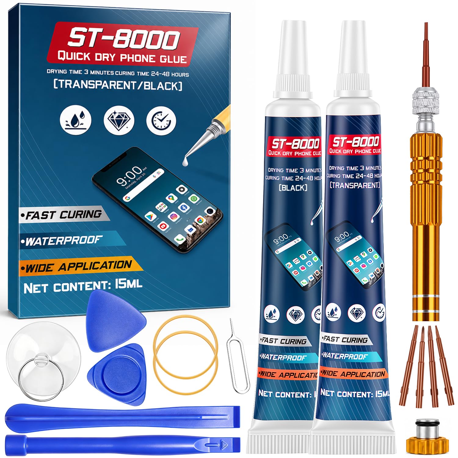 Detalle de Colla Schermo Cellulare - Kit 30 ml (15 ml Nero + 15 ml Trasparente) con Strumenti per Riparazioni, Uso Versatile