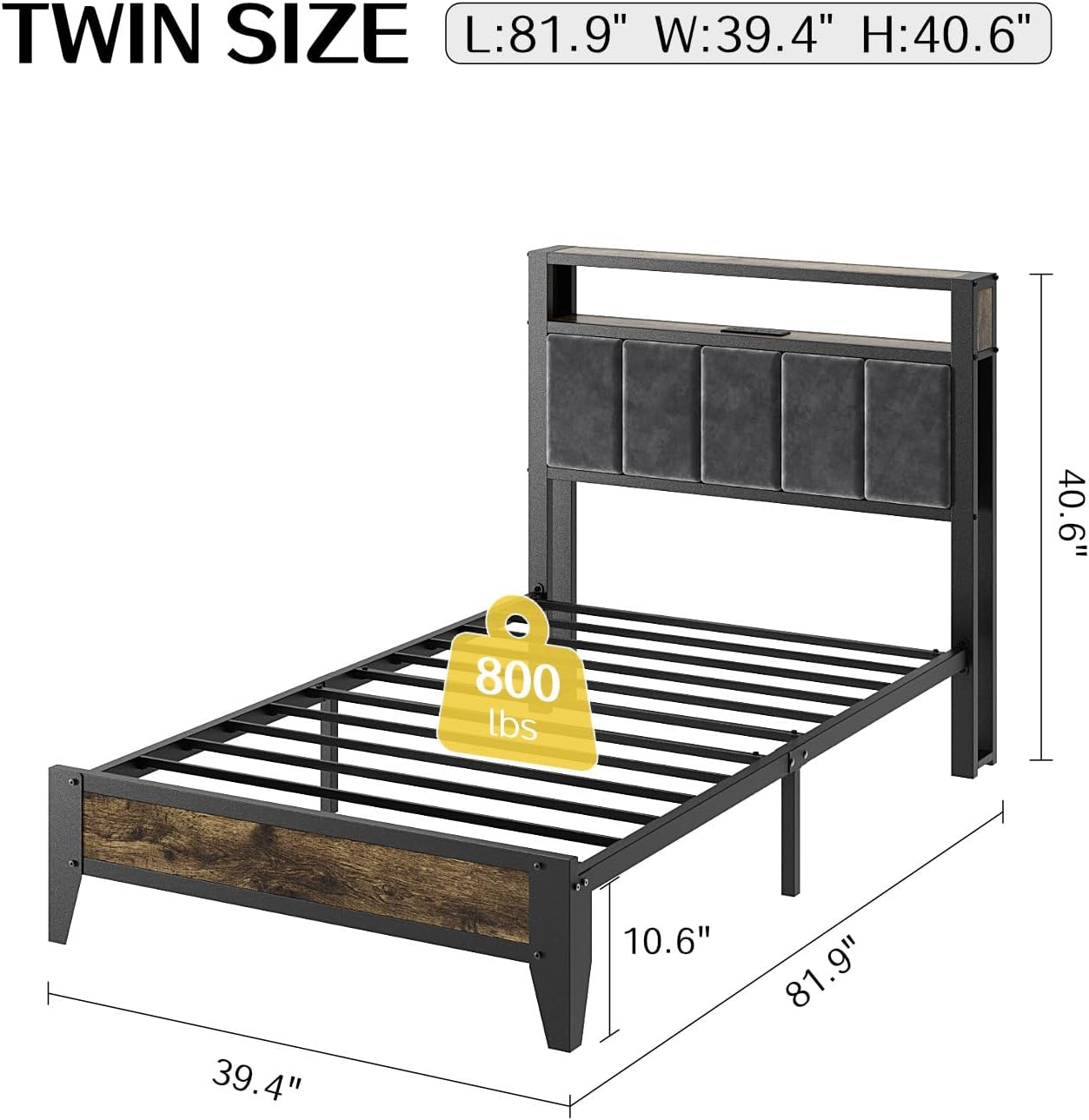 Thumbnail 1 de OLEVS Twin Metal Platform Bed Frame with LED Headboard, Storage & Charging Station