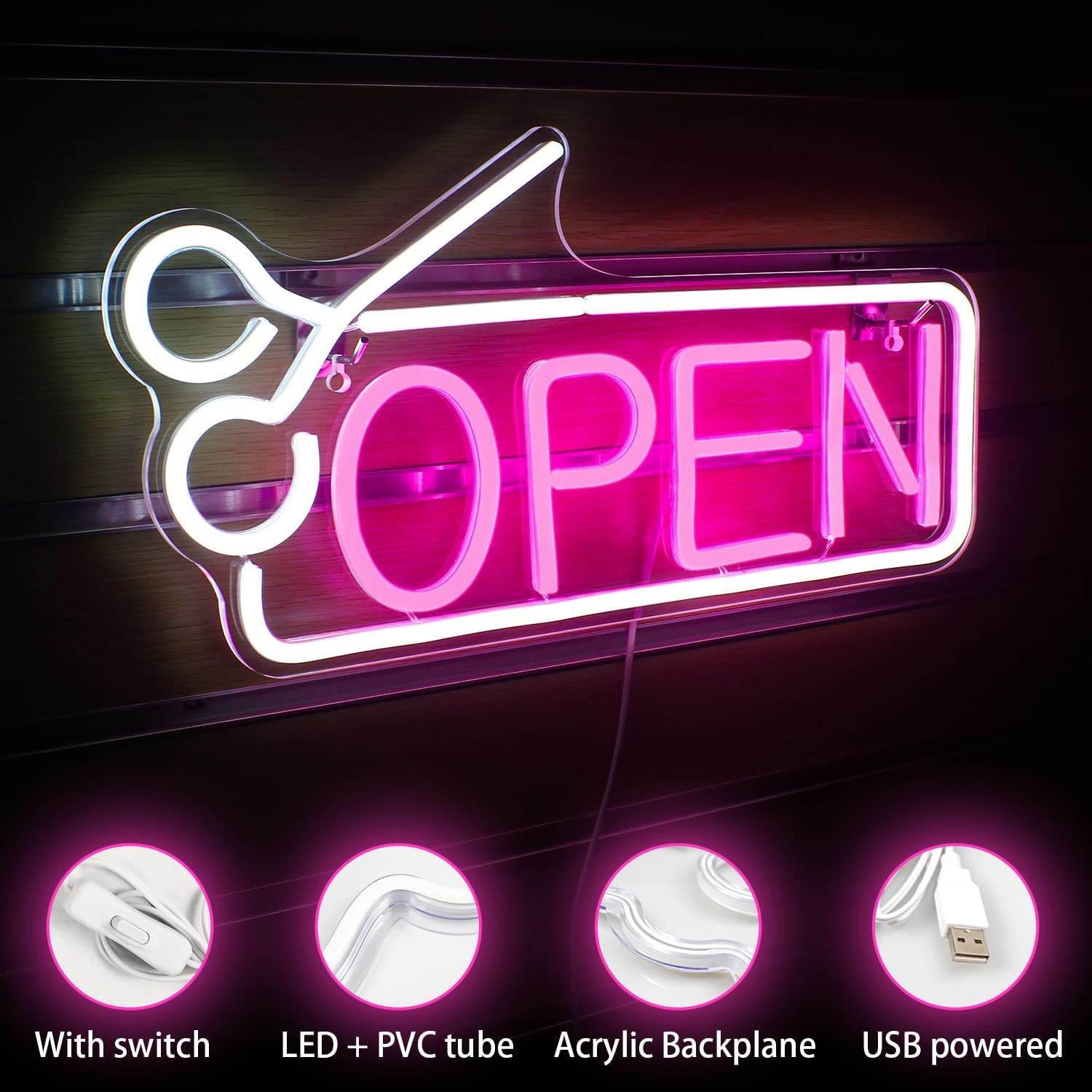 Thumbnail 2 de Letrero de neón rosa y blanco LED para pared, USB, Open