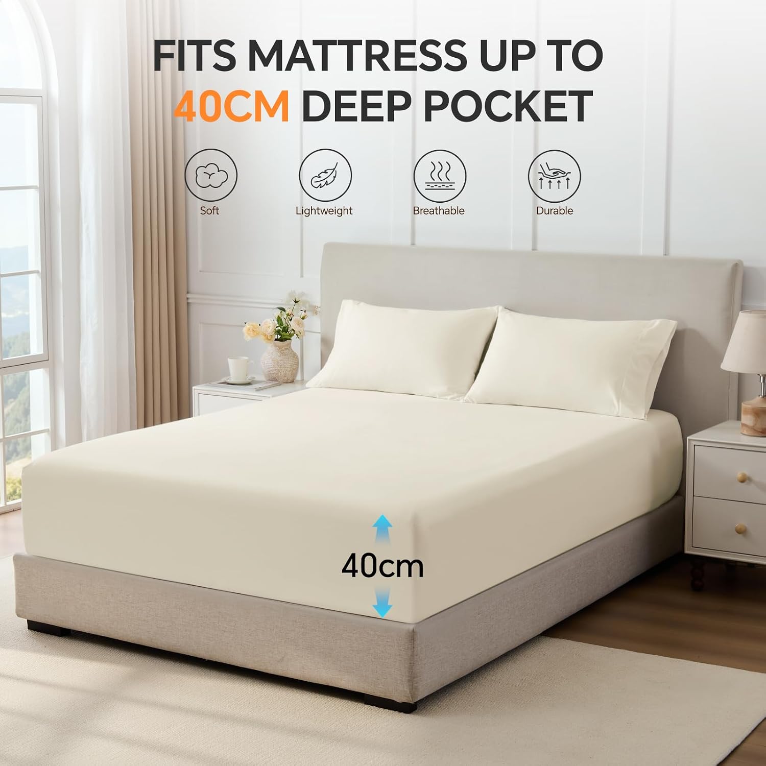 Thumbnail 2 de BEDELITE Super King Size Fitted Sheet Deep – Cream Yellow Brushed Microfibre, 40 cm Pocket
