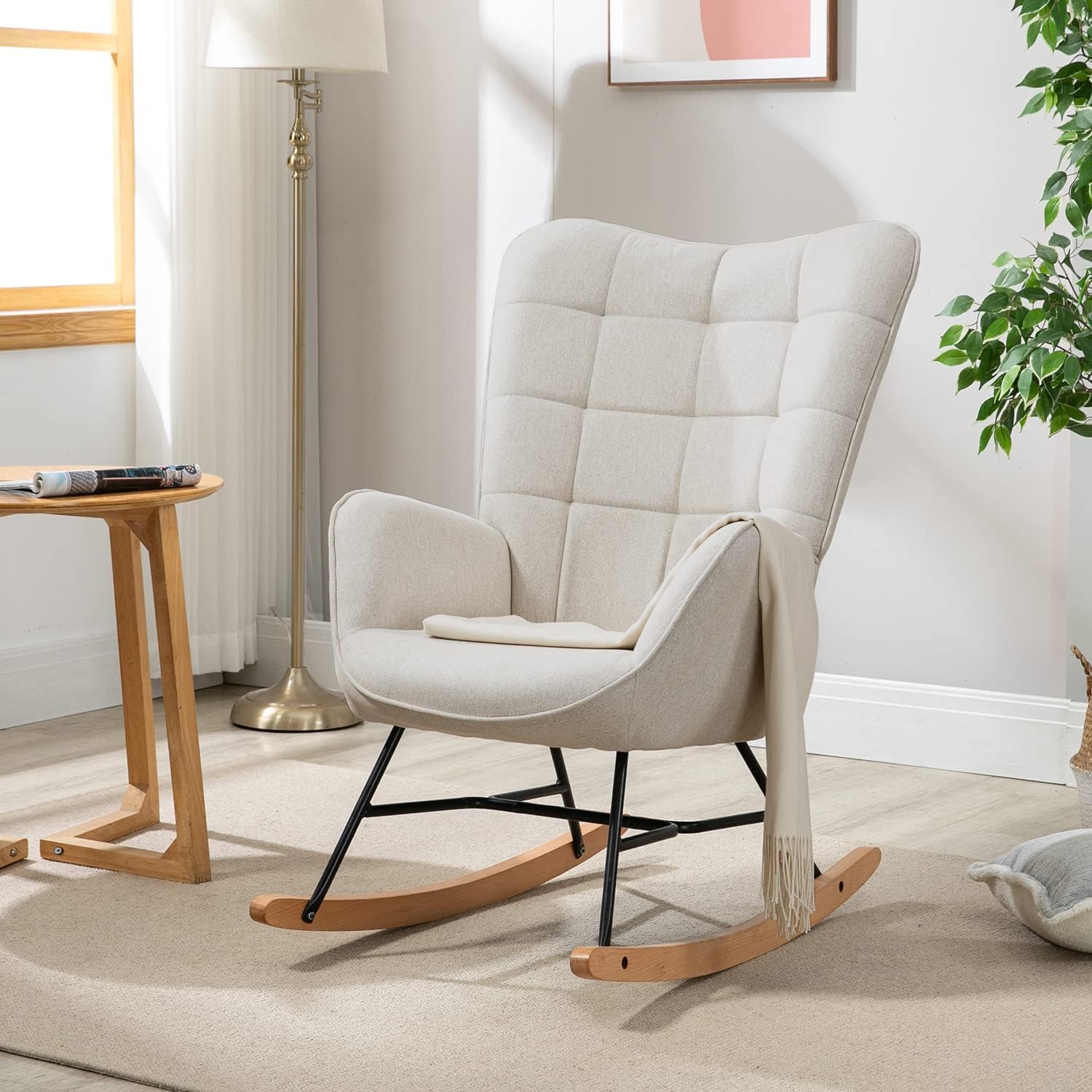 Thumbnail 1 de MEUBLE COSY rocking chair for nursery, nursing & reading – beige fabric with metal legs and wood base