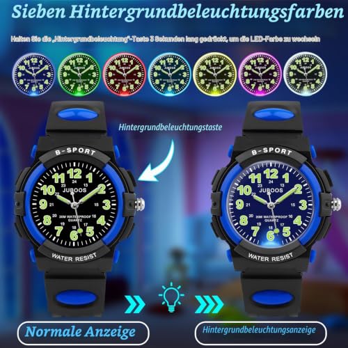 Thumbnail 1 de Juboos Neue 7-Farbige Kinderuhr – Analoge Quarz-Uhr mit Gummiarmband, Wasserdicht 30M, Blau-Schwarz