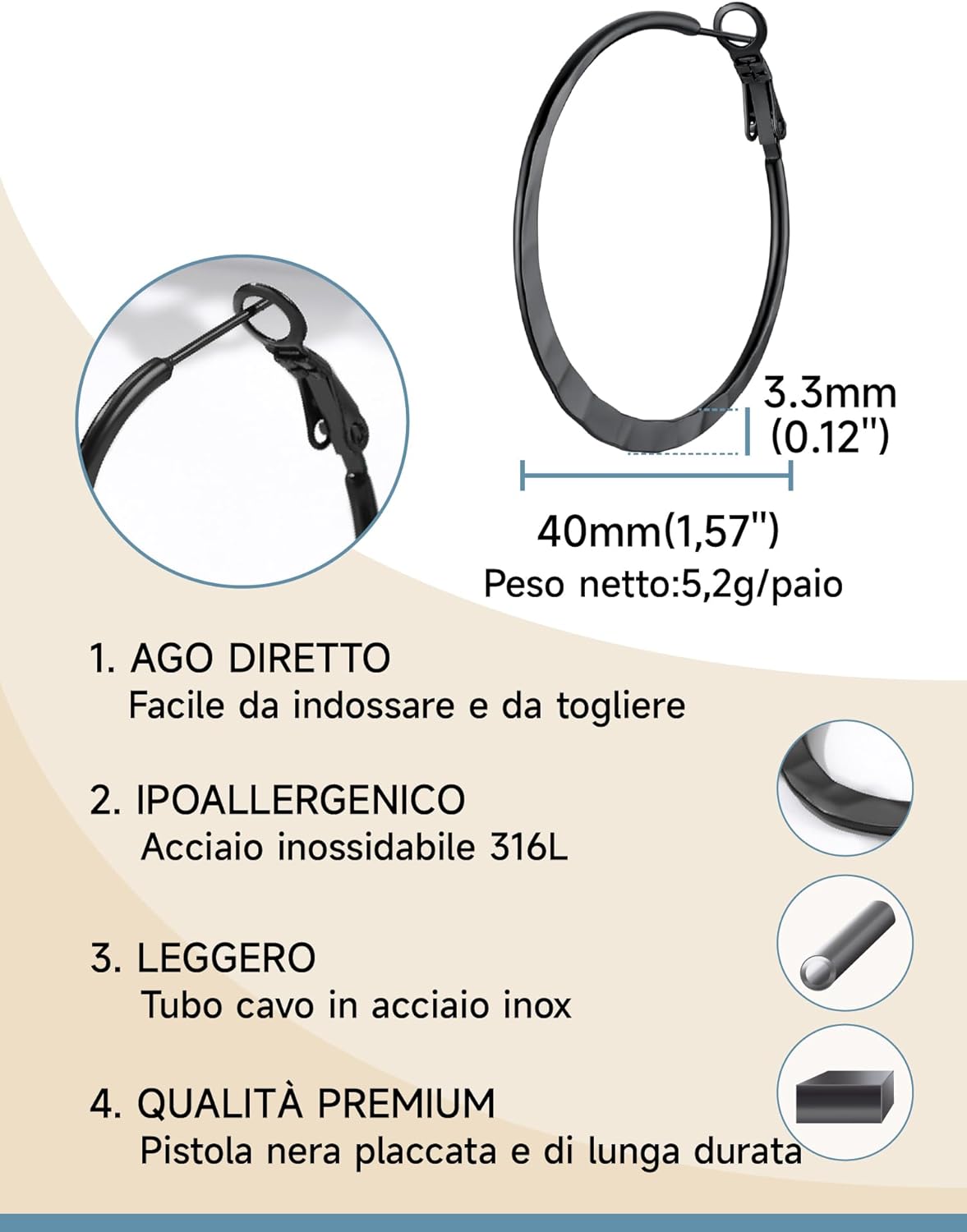 Thumbnail 2 de Orecchini a cerchio PROSTEEL in acciaio inox 316L, diametri 30/40/60/80 mm (argento/nero/oro placcato)
