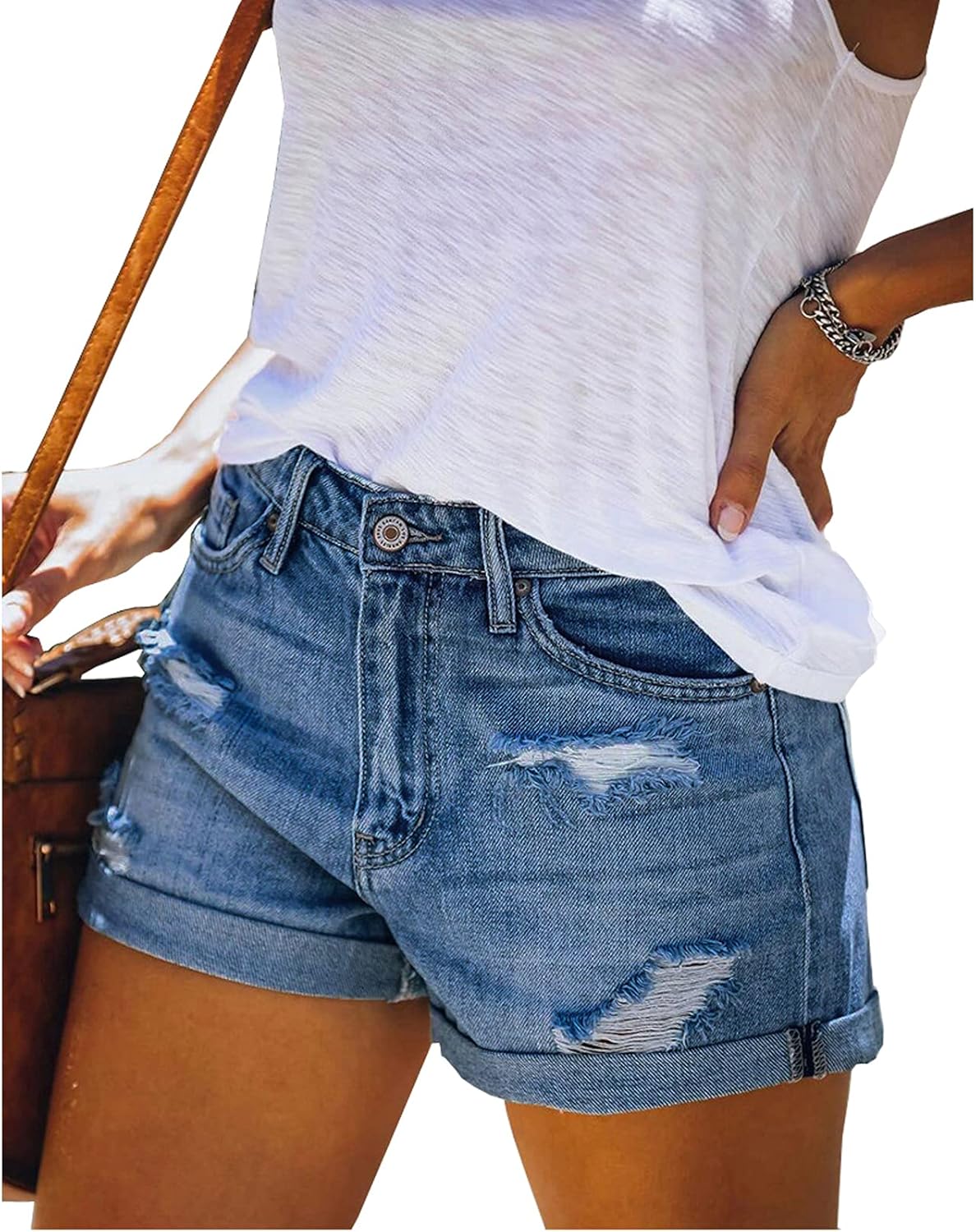 Thumbnail 1 de Bichingda Denim Shorts for Women – Ripped Mid Rise, Folded Hem, Stretchy Casual Jeans