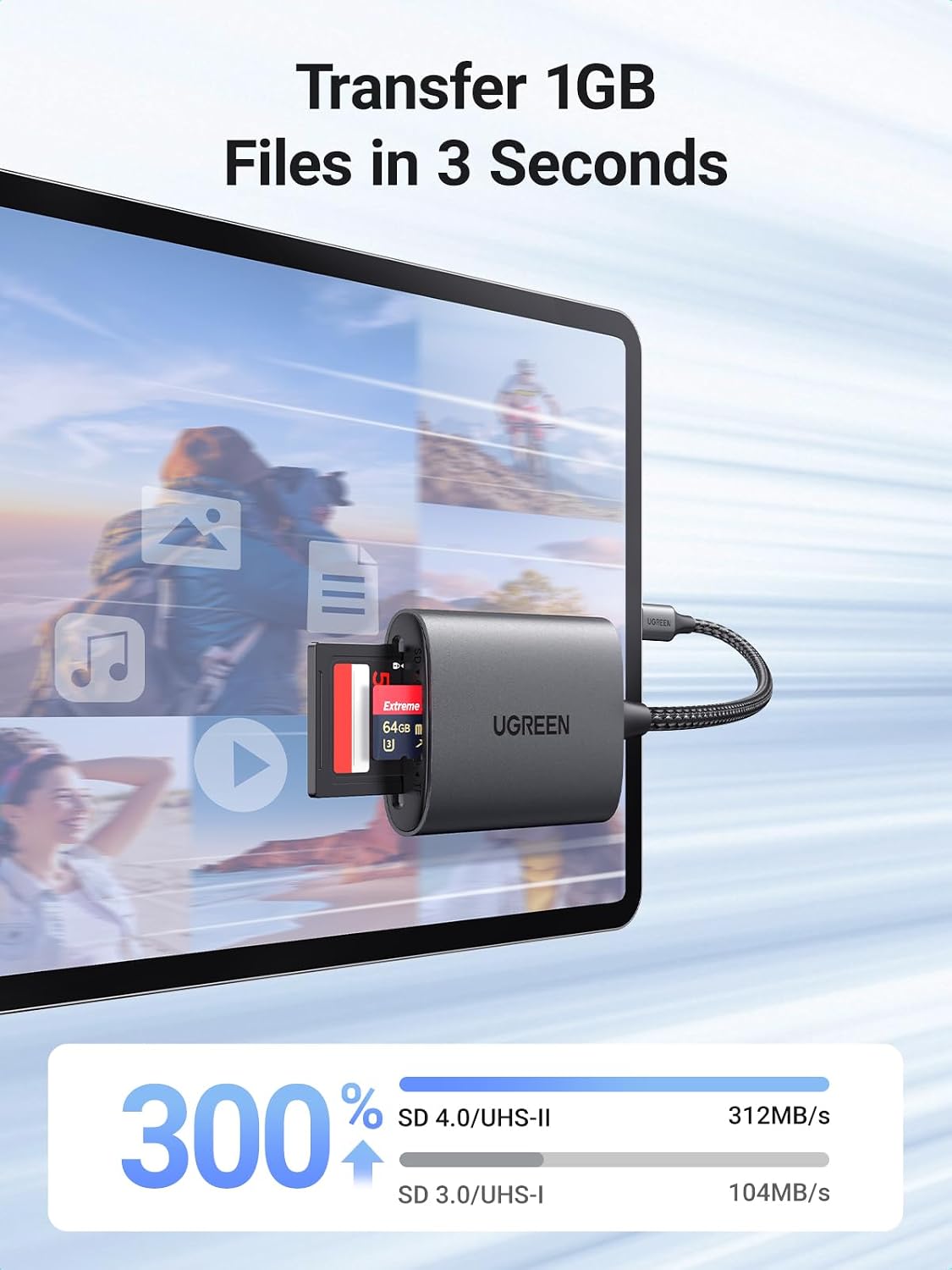 Detalle de UGREEN USB-C SD 4.0 Card Reader, Aluminium, Dual UHS-II Slots