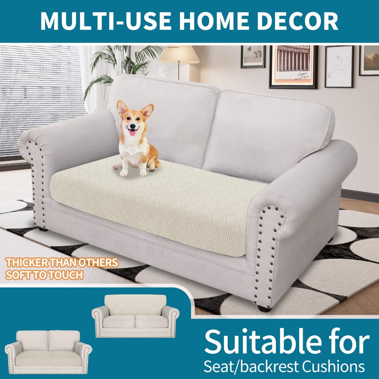 Thumbnail 6 de YSTELLAA Housse Coussin Canapé Extensible – protection et maintien anti-dérapant pour tout canapé (2 places) en blanc crème