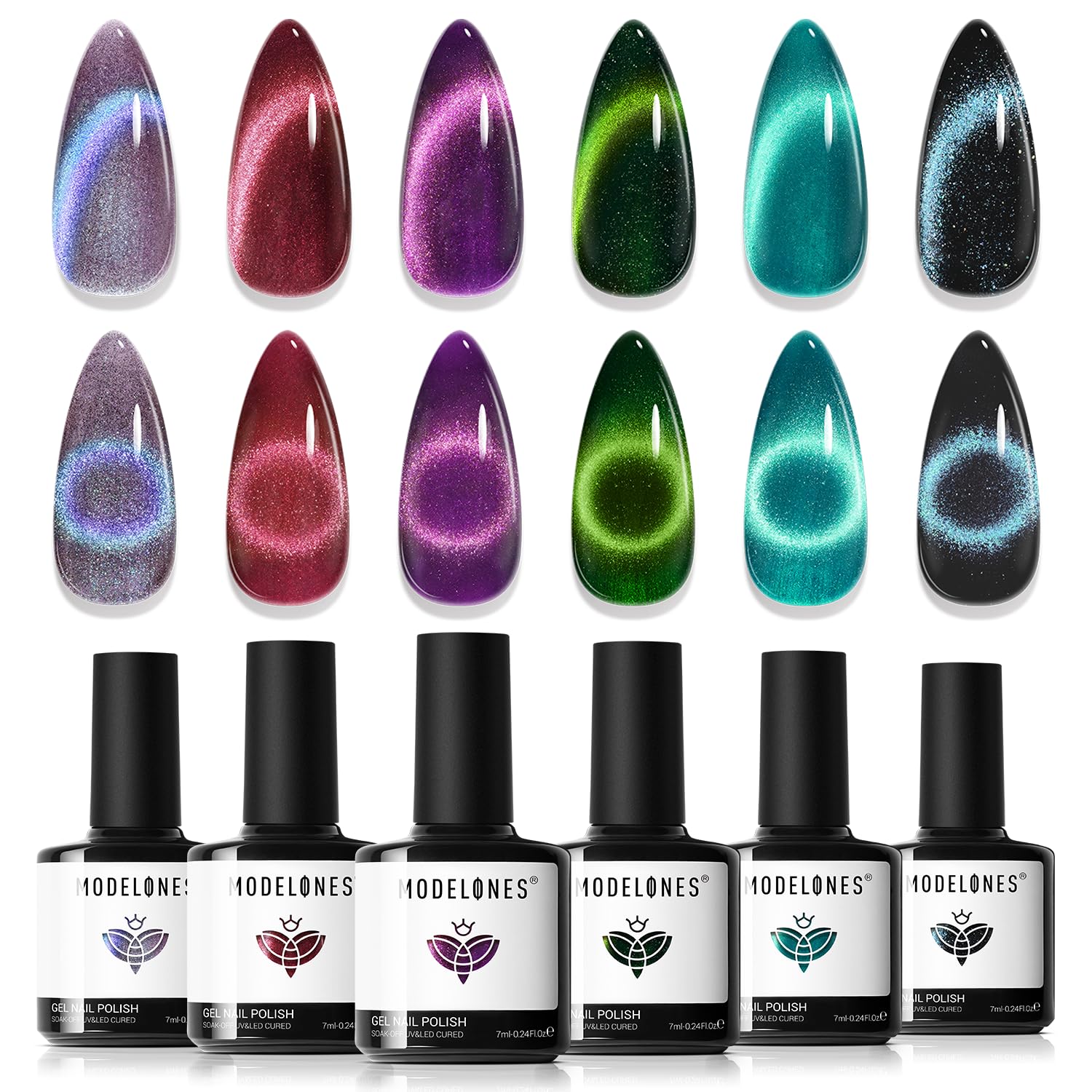Detalle de Modelones Cat Eye Gel Nail Polish: 6-Color Glitter Set with Magnet – Galaxy Series