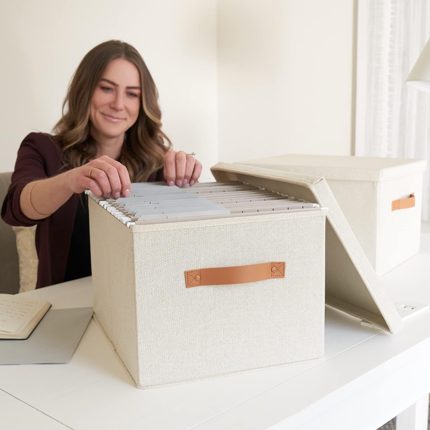 Detalle 2 de ZICOTO zic-mfilebox2-ivory-243 Linen File Organizer Boxes, Set of 2