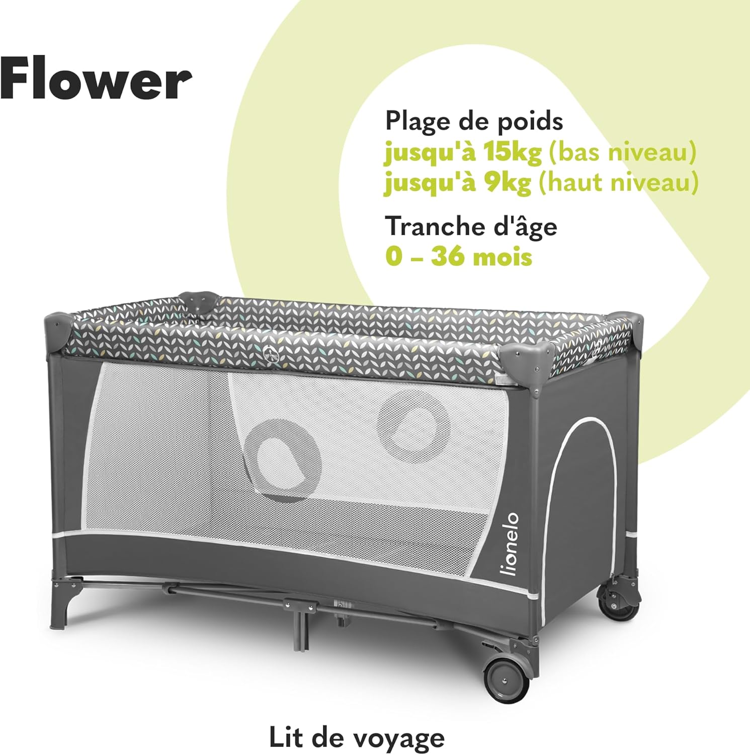 Detalle 2 de Lionelo Flower Lit Bébé Parapluie – lit pliant à deux hauteurs, entrée latérale et table à langer sûre