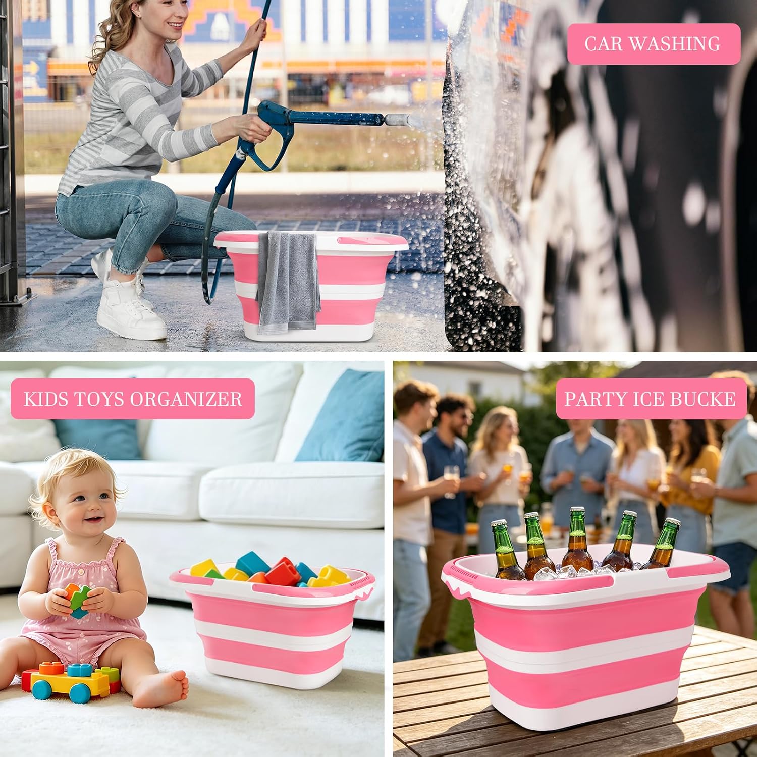 Thumbnail 6 de XXFLOWER 16 L Collapsible Cleaning Bucket, Pink and White, Space-Saving Design