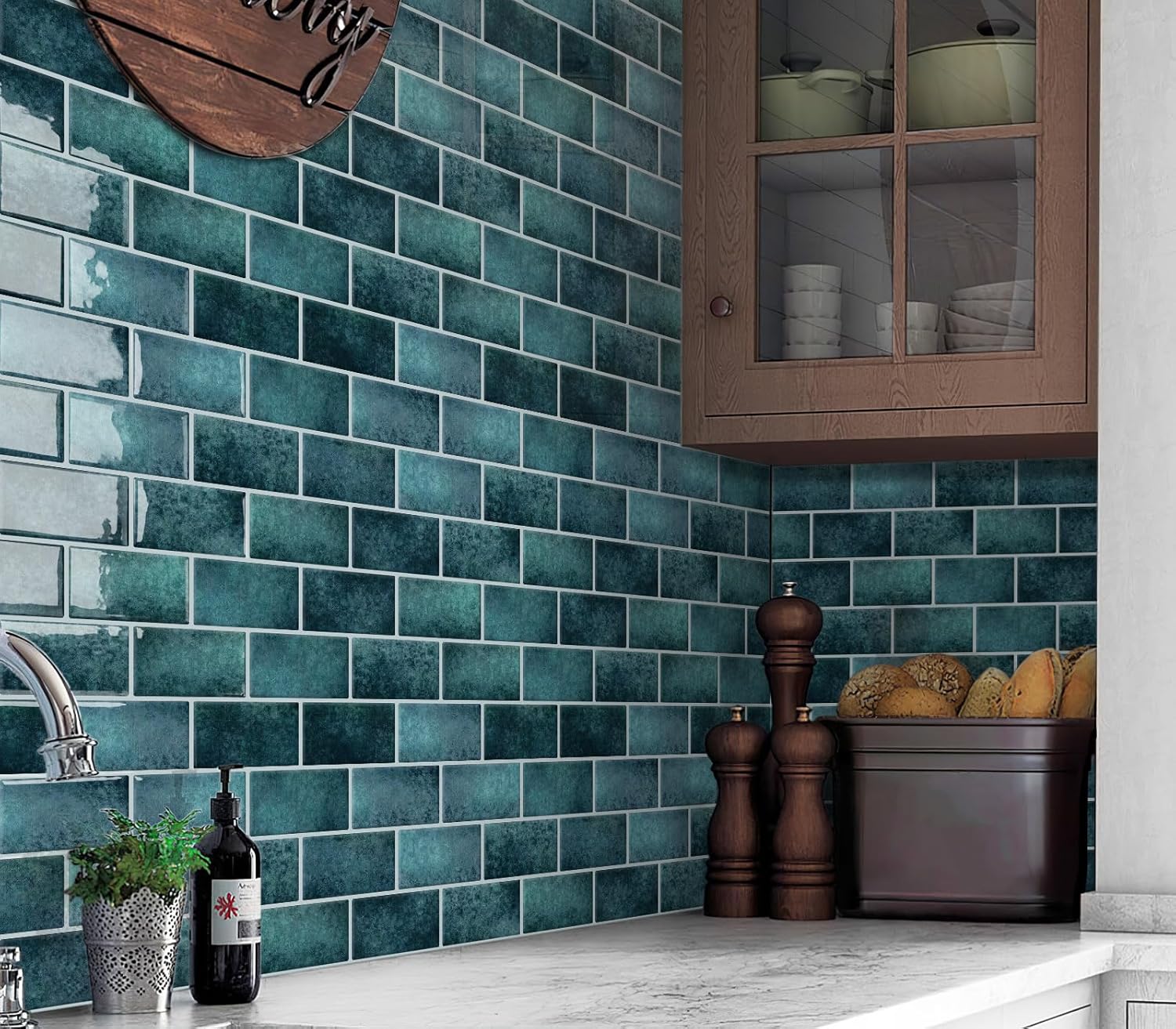 Detalle 2 de DEWOO Dark Green Peel and Stick Wall Tiles 10 Sheets