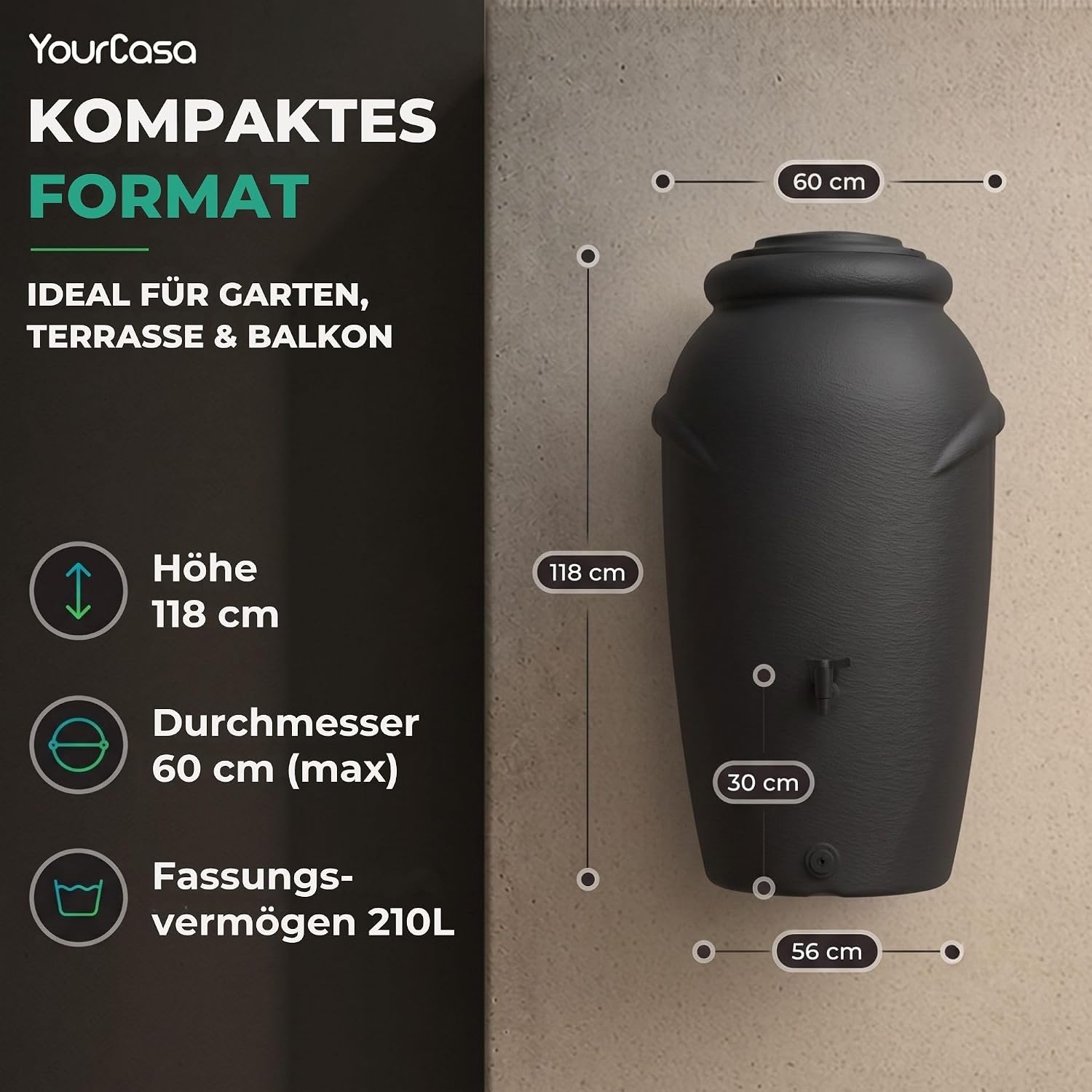 Detalle de YourCasa Regentonne 210 Liter im Amphore-Design – Frostsicheres Kunststoff-Regenfass mit Wasserhahn
