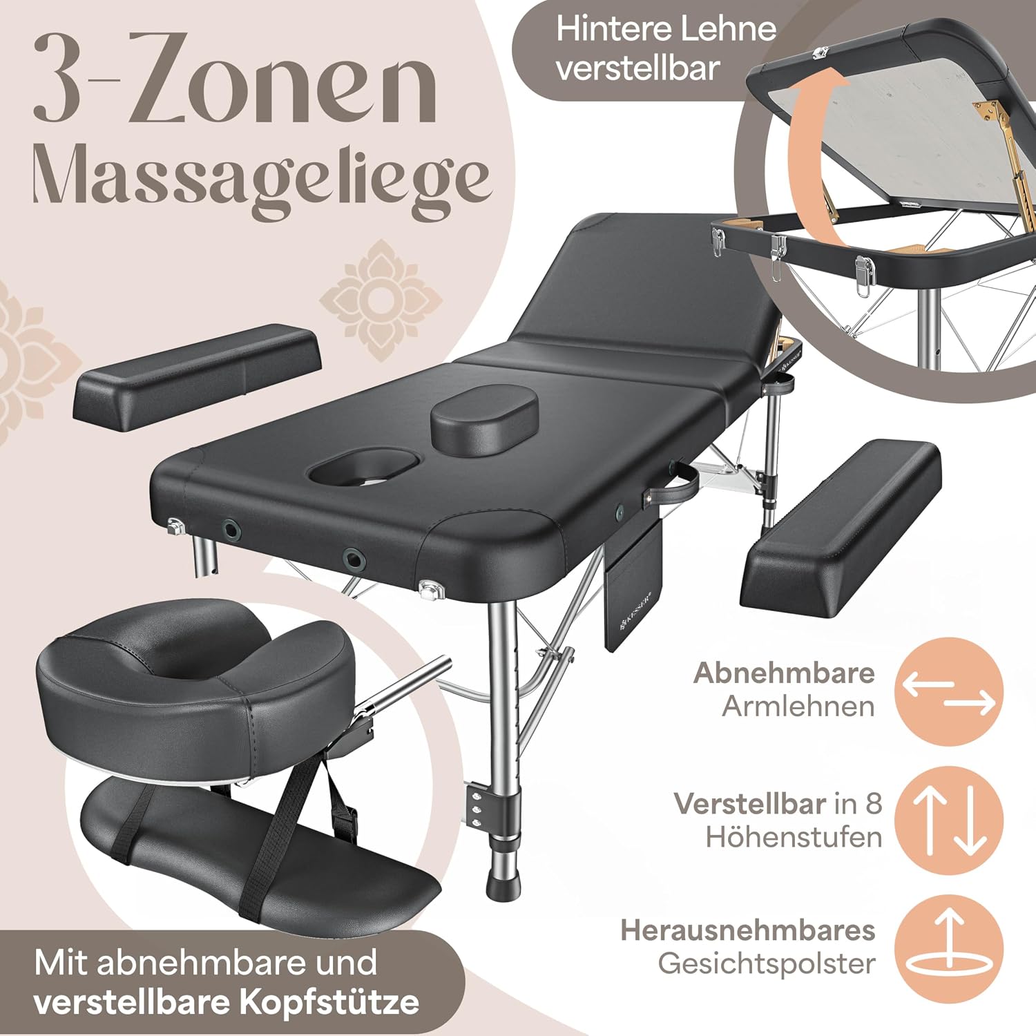 Detalle de KESSER Massageliege 3 Zonen bis 250 kg – klappbar, verstellbar, tragbar inkl. Alu-Kopfstütze und Tragetasche