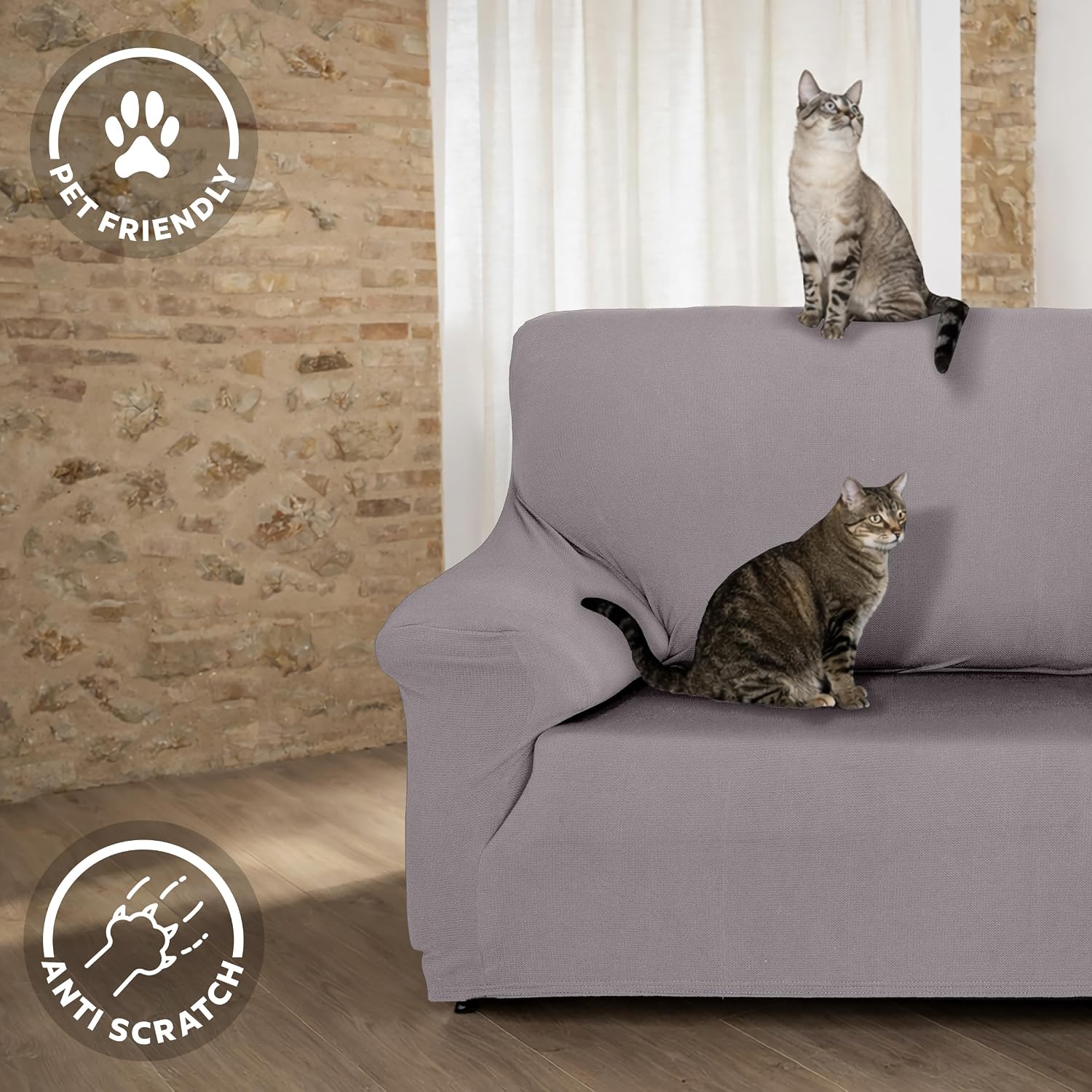 Detalle de Textilhome Copridivano 2 Posti con Braccioli – Fodera Elasticizzata Antigraffio per Gatti, Grigio Chiaro