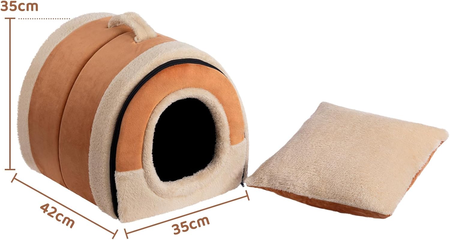 Thumbnail 1 de Hollypet Lit 2 en 1 pliable pour chat et petit chien en velours cristal orange-brun