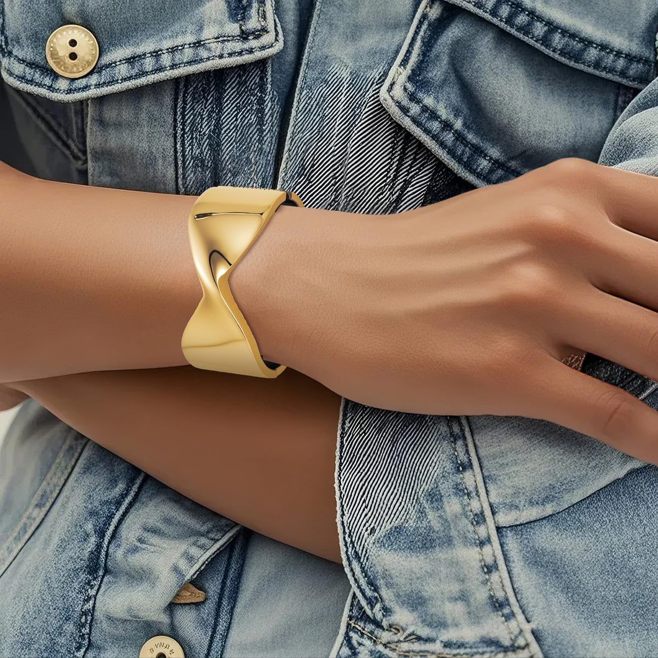 Thumbnail 3 de Emibele Gold Breit Manschette Armband-Stack (18K vergoldet) – offener Armreif mit Teardrop-Scharnier, 2er-Set für Frauen