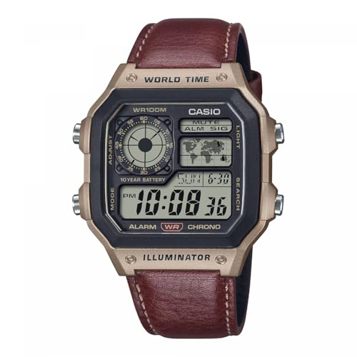 Detalle de Casio AE-1200WHL-5AVEF – Digitale Herrenuhr mit Lederarmband und klassischem Design
