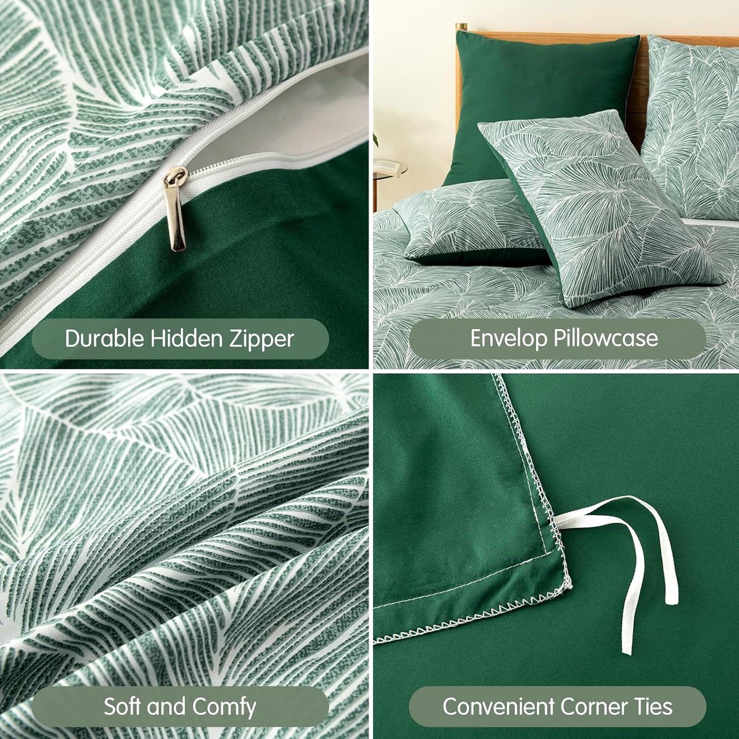 Detalle de Tokokimo Emerald Green Single Duvet Cover Set – Leaves Pattern, Microfiber 135x200 cm with Pillowcase