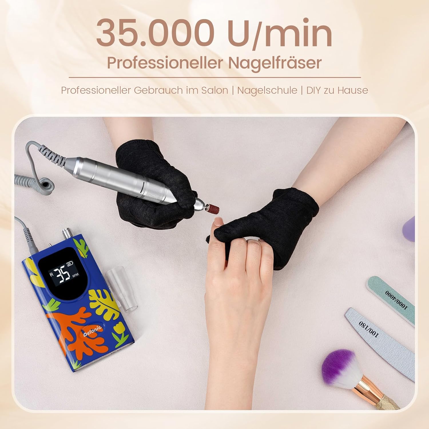 Detalle 2 de Delanie Professioneller Nagelfräser (35000 U/min) – wiederaufladbar mit 6 Bits, LCD und variabler Drehzahl, blau im „Matisse“-Stil