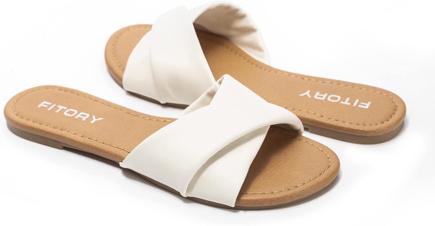 Detalle de FITORY Women's Flat Sandals Fashion Slides with Soft Leather-Look Comfort, Summer Size 6-11