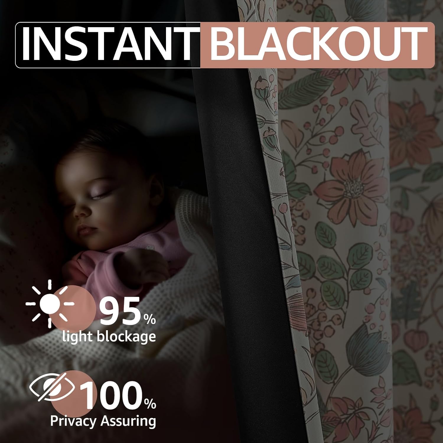 Thumbnail 4 de jinchan 95% blackout pink floral nursery curtains, 84" grommet panels
