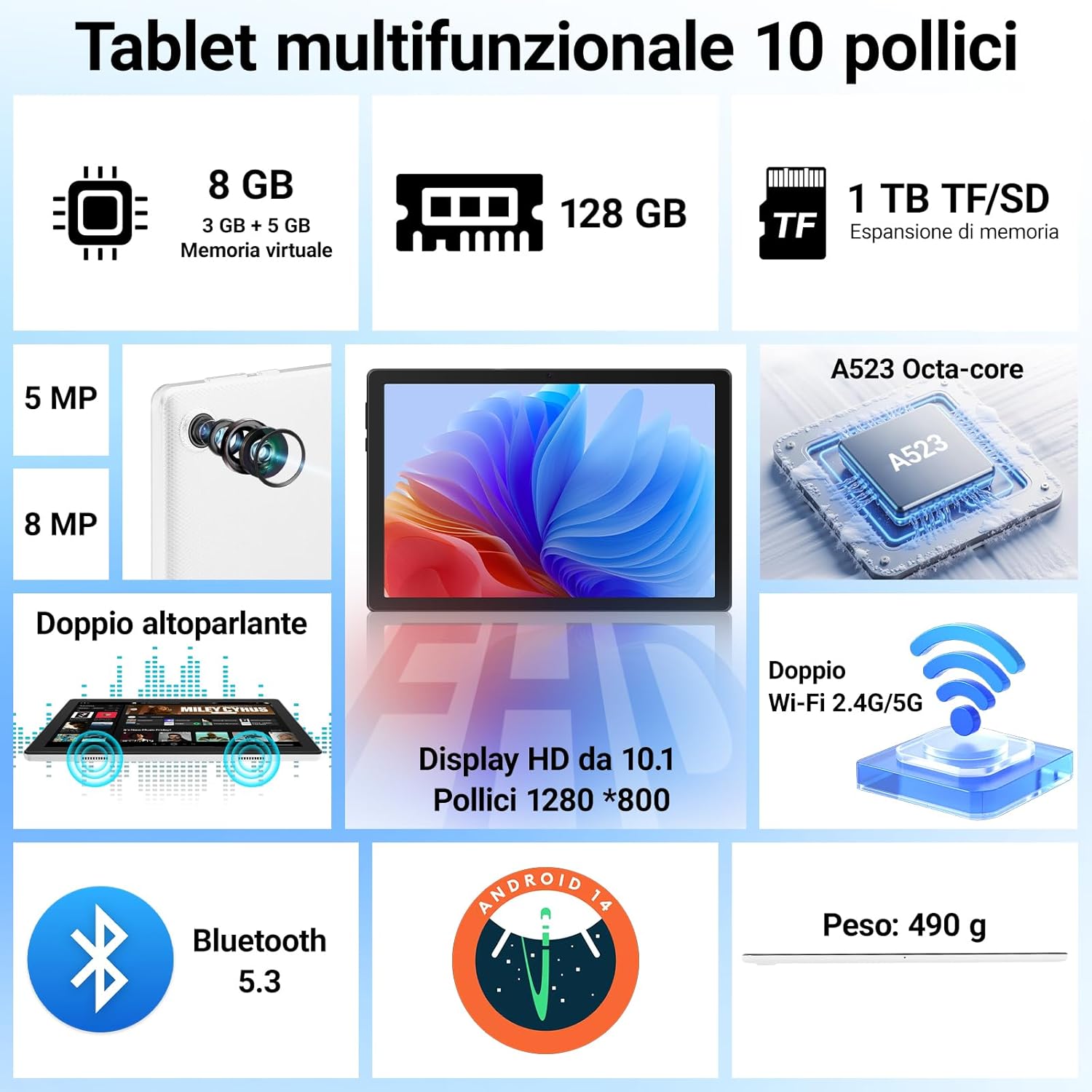 Thumbnail 1 de Laptok Tablet 10 pollici Android 14 Octa-Core, 64GB espandibili fino a 1TB, WiFi 6 e Bluetooth 5.3 (bianco)