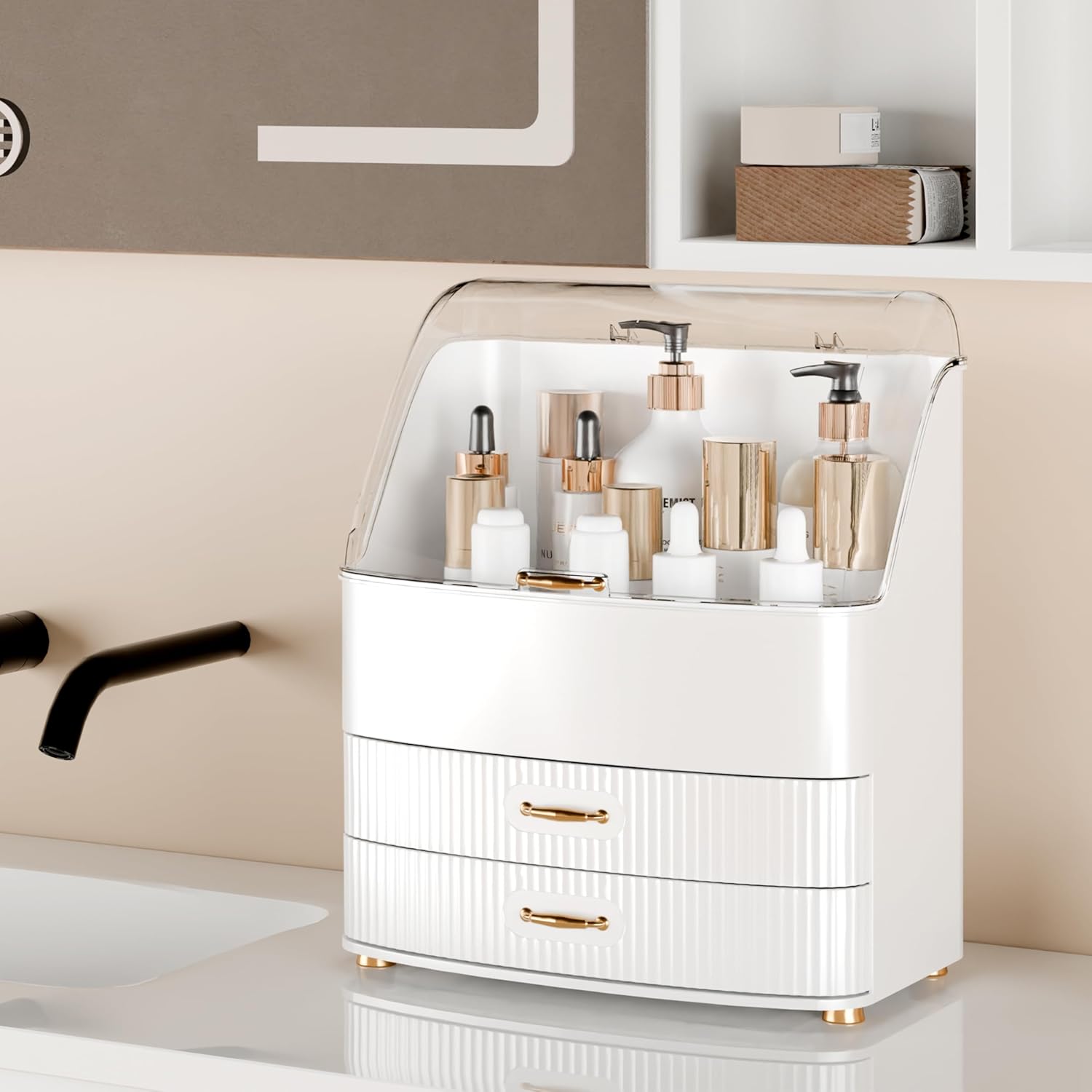 Detalle de LURCNS Makeup Organiser with Drawers – Skincare Storage Box with Lid, White