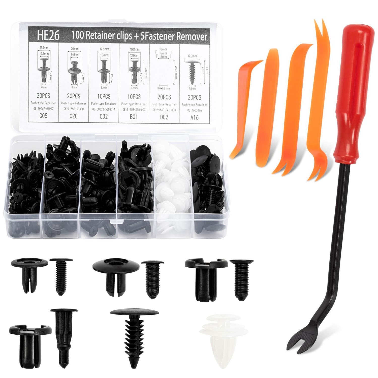 Detalle de 100pcs Car Trim Clips Kit (6 Types) with Trim Removal Tools – Nylon Push Retainer Fasteners for Door, Fender & More