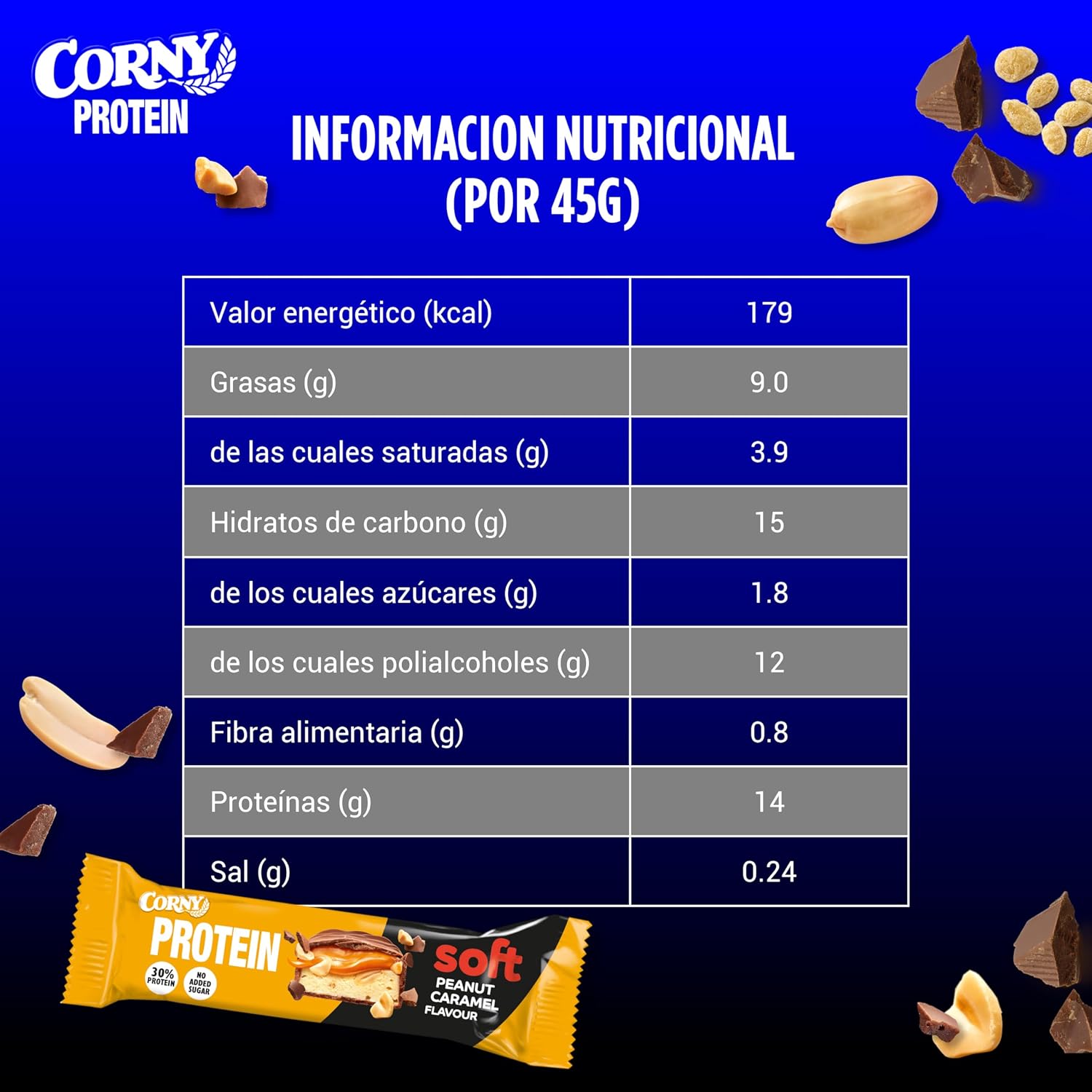 Detalle 2 de Corny Protein 12x45 g 13,5 g proteína por barra 🍫