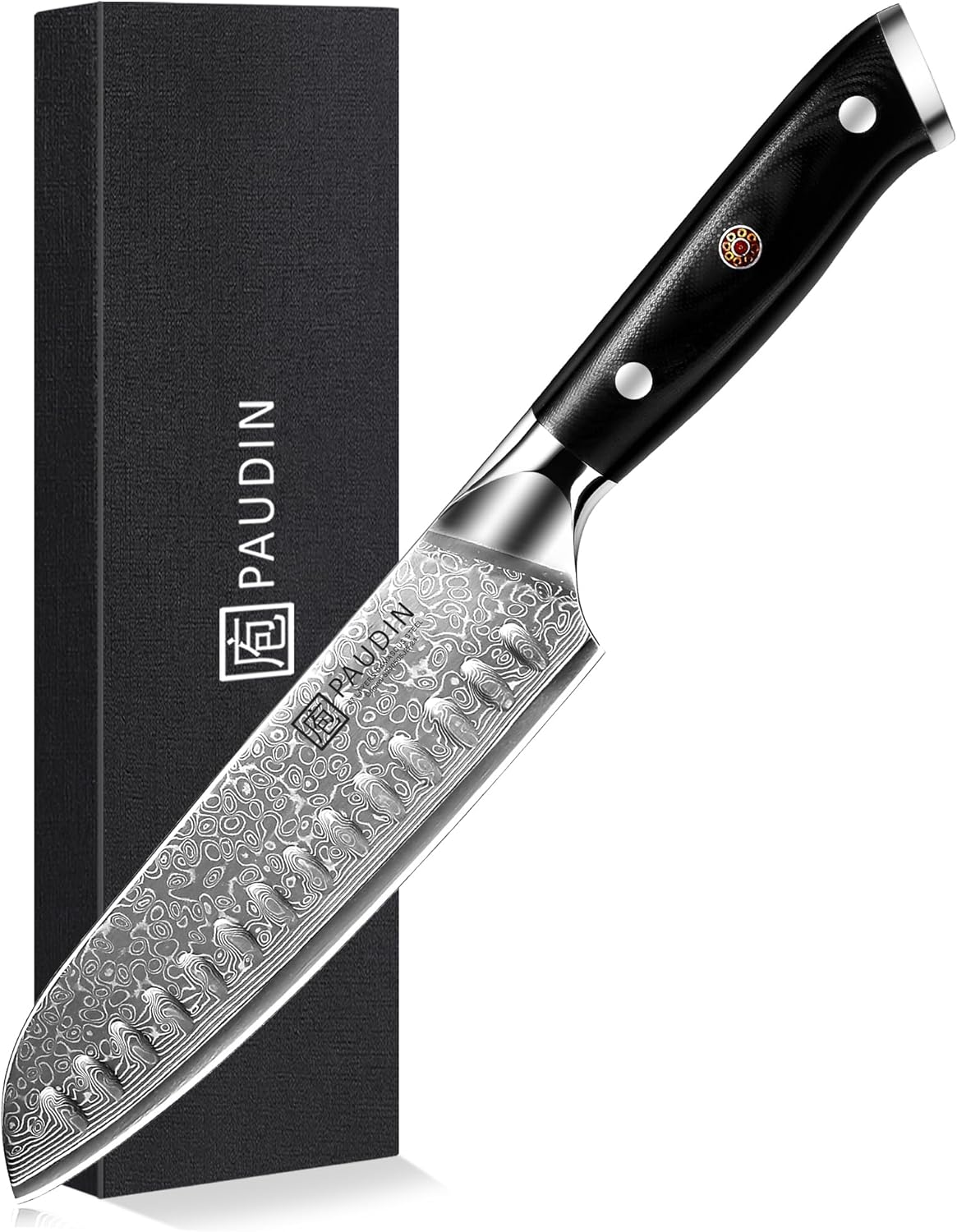 PAUDIN Santokumesser Damastmesser 17 cm – 67-lagiger Damaststahl mit VG10-Kern und G10-Griff