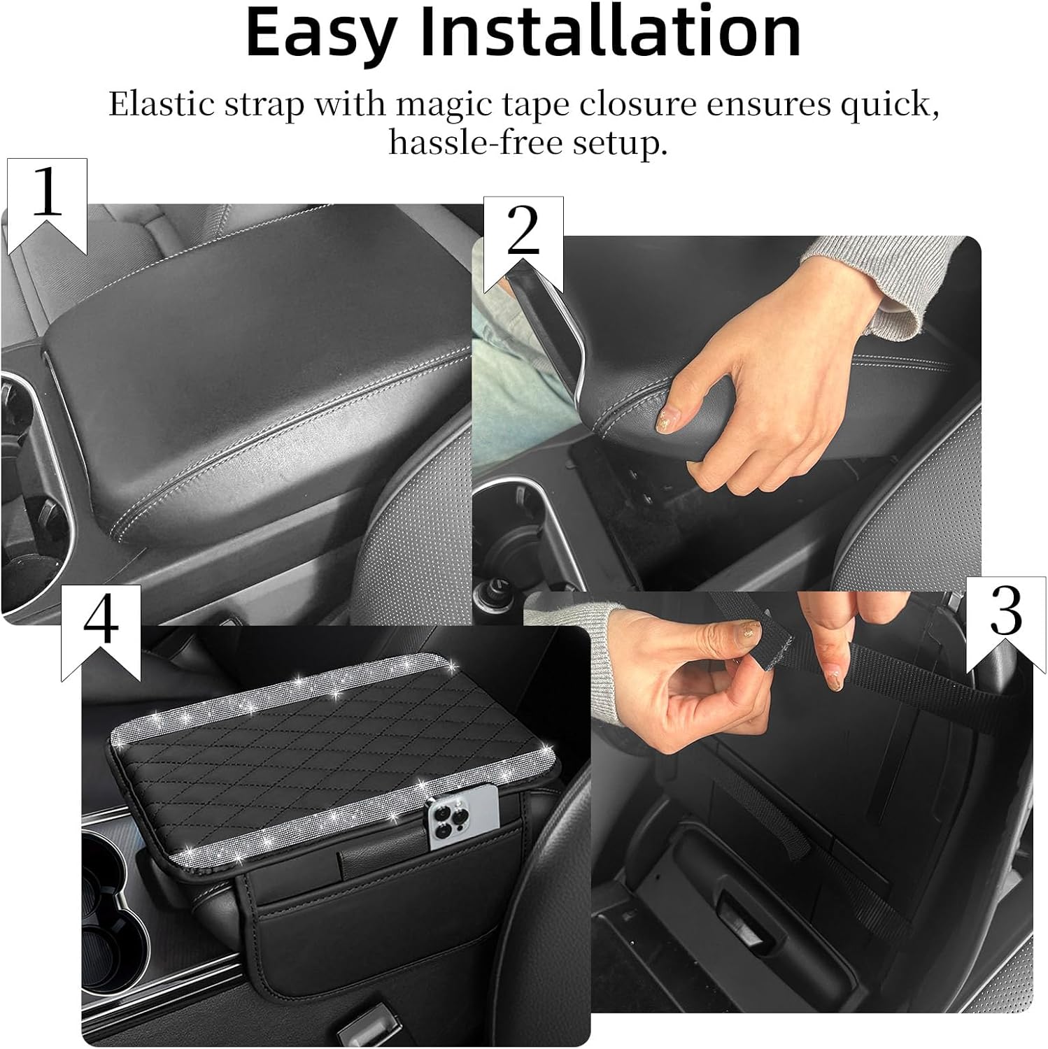 Thumbnail 4 de NBTEPEM Bling Car Center Console Cover — Leather Arm Rest with 2 Storage Pockets (Silver)