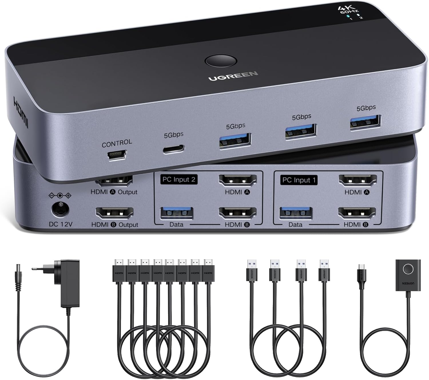 Detalle de UGREEN HDMI KVM Switch 2‑Port 4K60Hz für 2 PCs 🖥