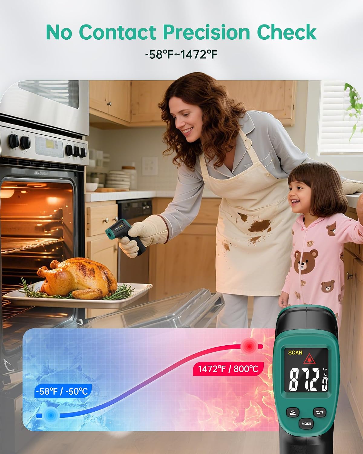 Detalle de ERICKHILL Infrared Thermometer -50℃ to 800℃ with Adjustable Emissivity, Laser Guidance & Backlit LCD (Dark Green)