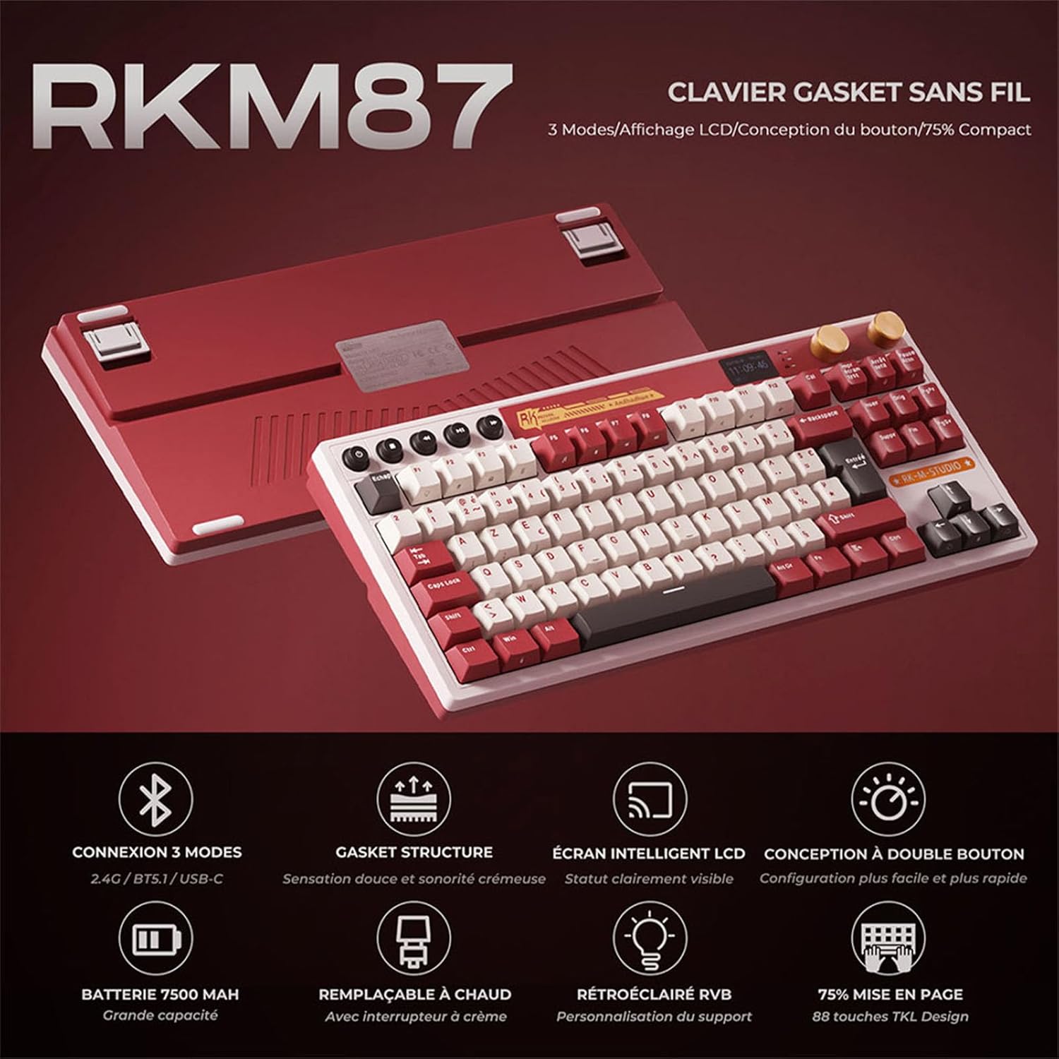 Thumbnail 1 de RK ROYAL KLUDGE M87: Clavier de jeu sans fil 75% avec écran LCD et double bouton