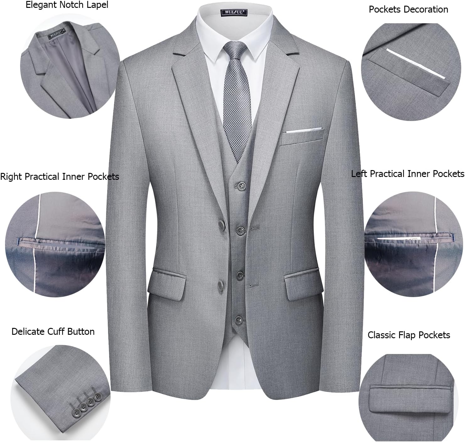 Detalle 2 de WULFUL Men’s 3-Piece Slim Fit Suit Set (Two-Button Blazer, Vest & Pants) for Party, Wedding & Business