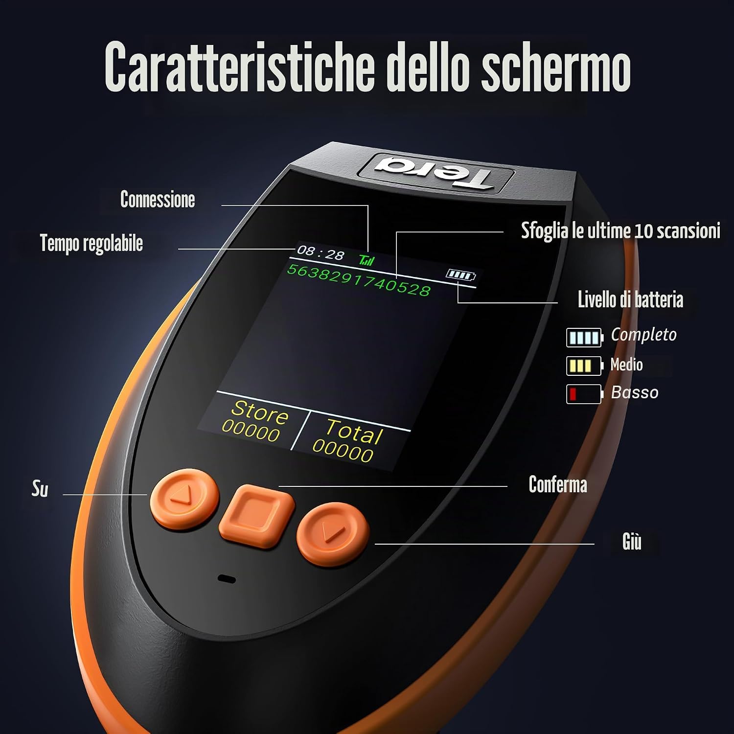 Detalle de Tera Barcode Scanner 2D HW0009: lettore wireless con display, 3 tasti e base di ricarica