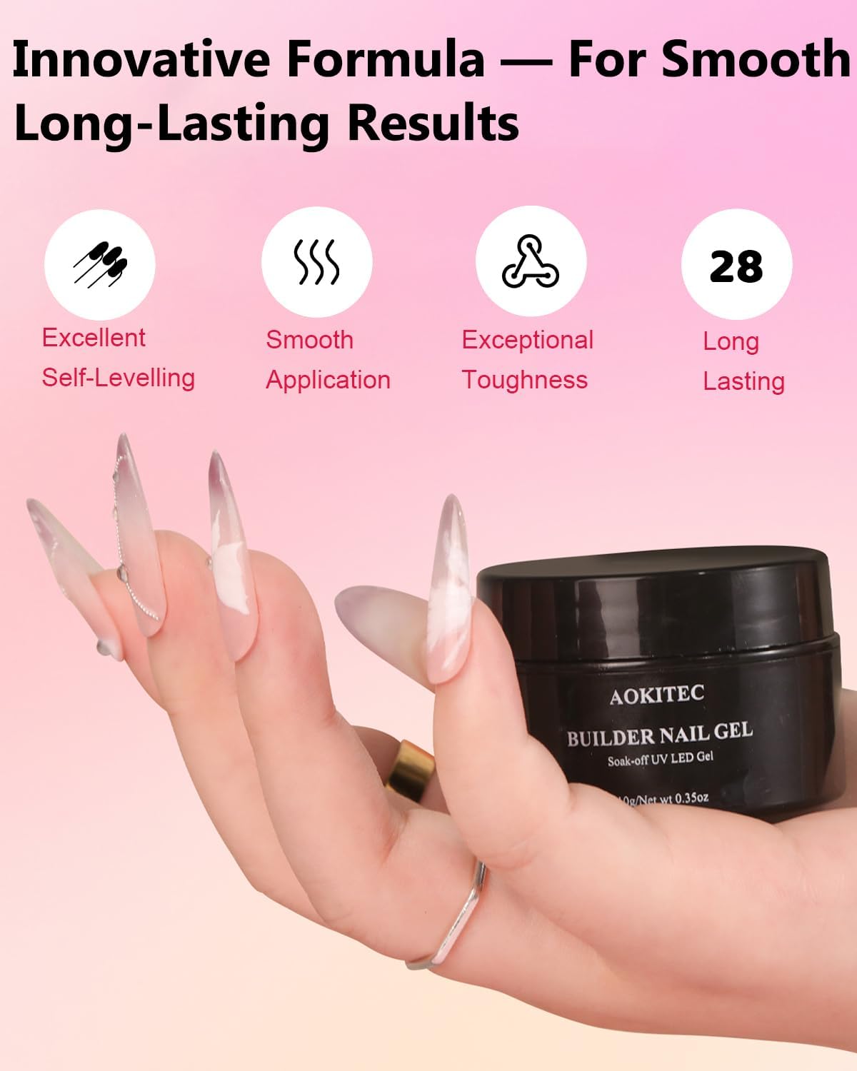 Detalle de Aokitec Pink Nude Builder Hard Gel Kit met nagelvormen en penseel