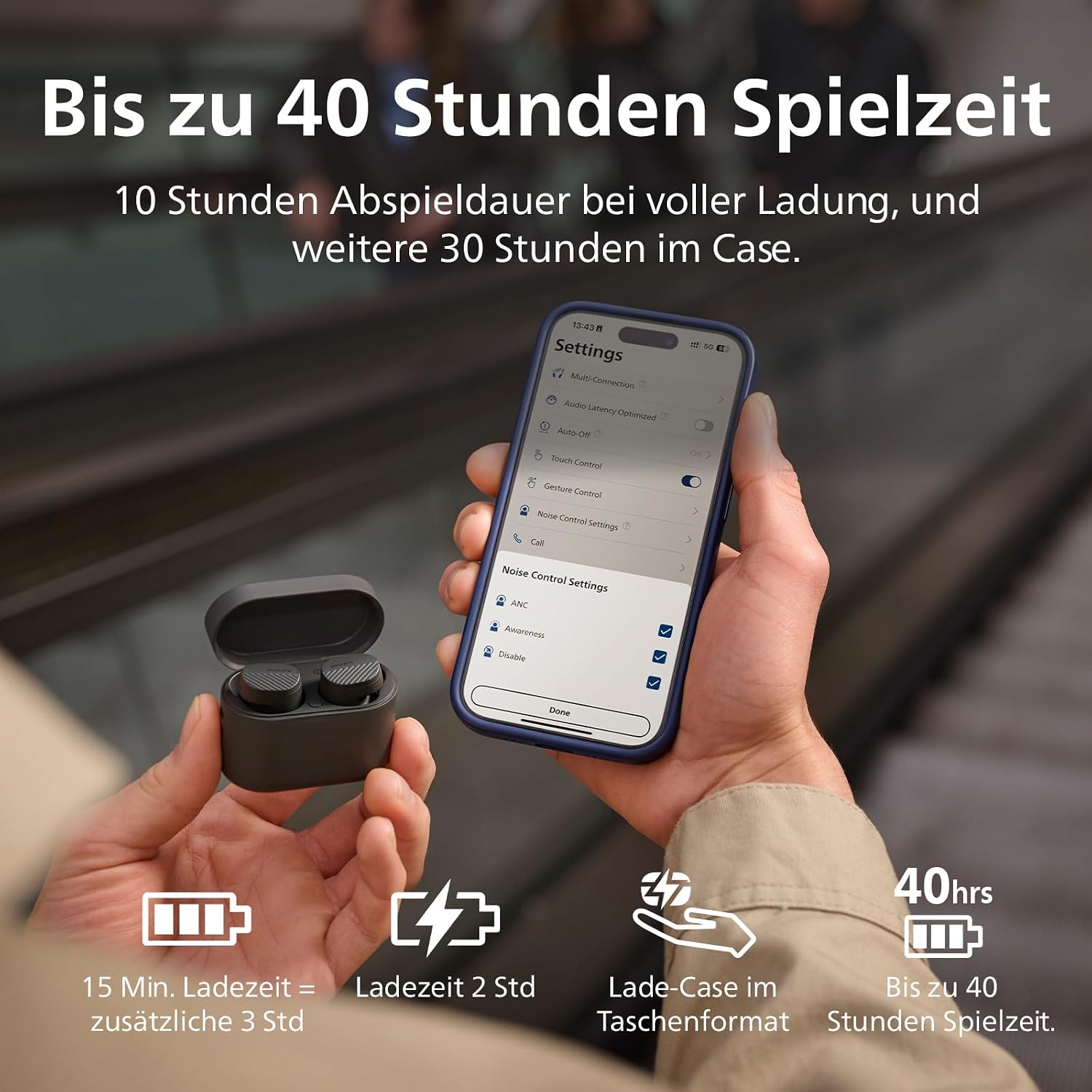 Detalle de Philips TAT5000BK True Wireless In-Ear-Bluetooth-Kopfhörer – dynamischer Bass, 40 Std. Spielzeit, IPX5, klare Anrufe